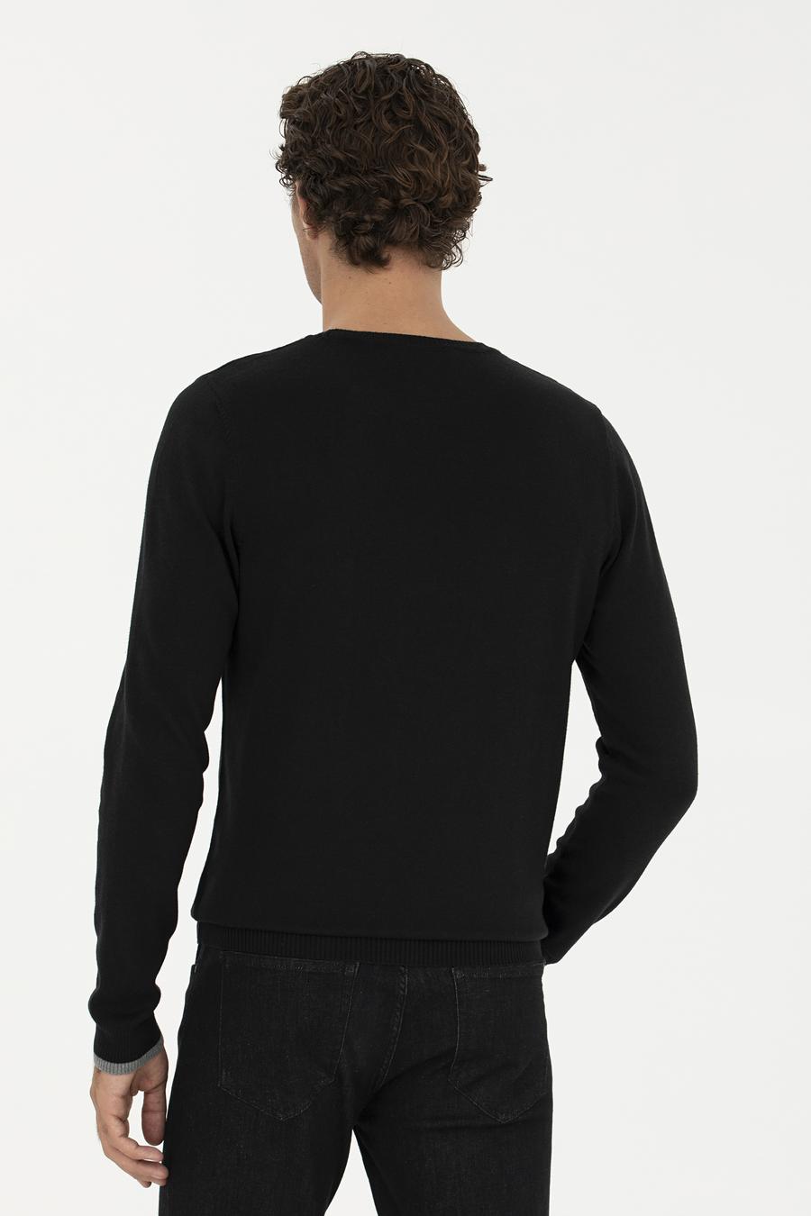Siyah Slim Fit Pamuk Karışımlı Bisiklet Yaka Basic Triko Kazak - 50245040019