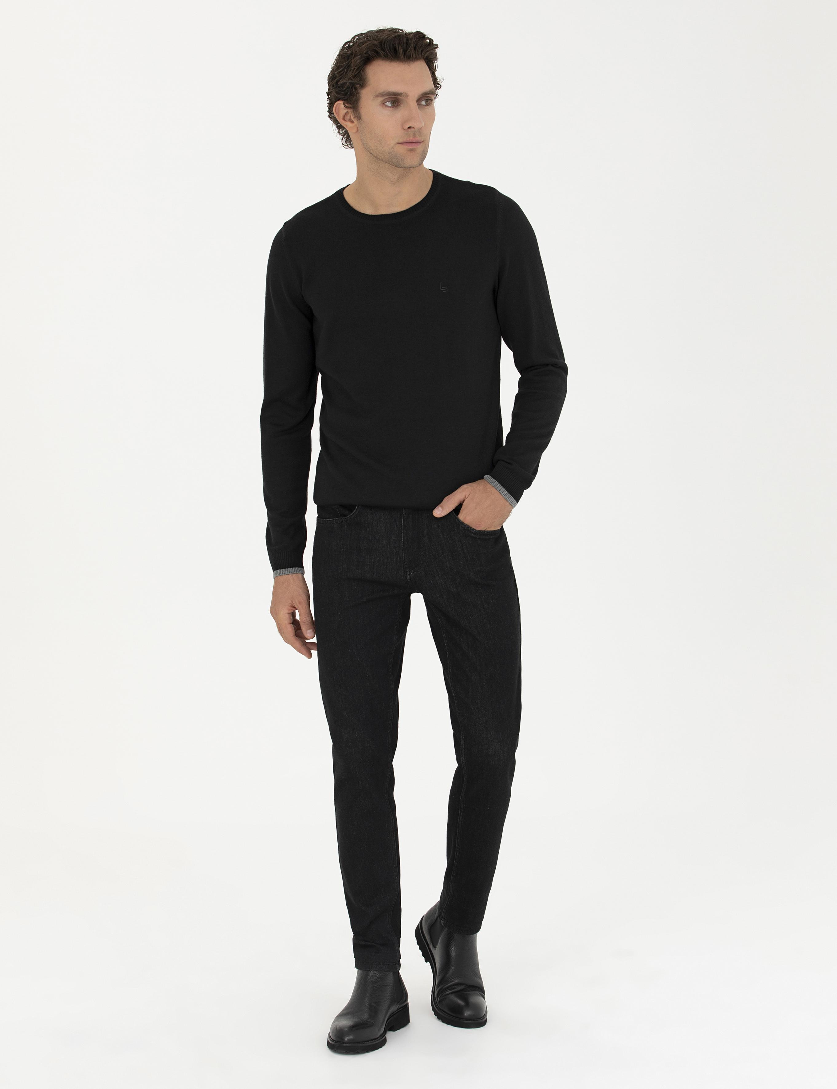 Siyah Slim Fit Pamuk Karışımlı Bisiklet Yaka Basic Triko Kazak - 50245040019