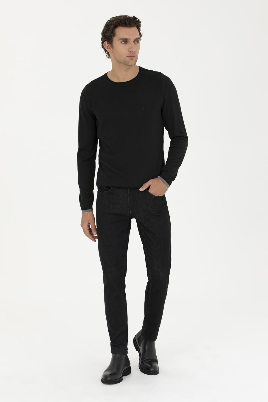 Siyah Slim Fit Pamuk Karışımlı Bisiklet Yaka Basic Triko Kazak - 50245040019