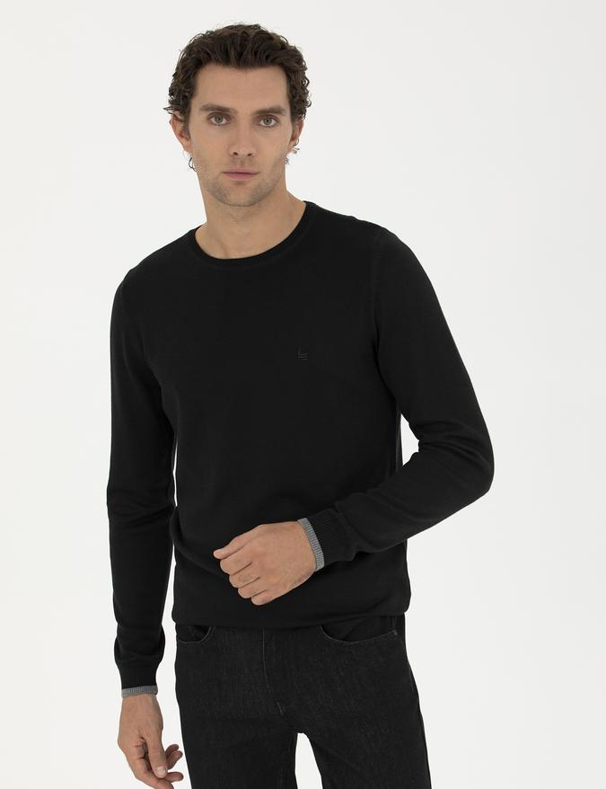 Siyah Slim Fit Pamuk Karışımlı Bisiklet Yaka Basic Triko Kazak