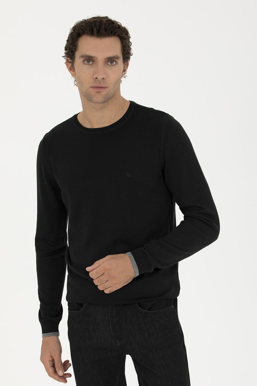 Siyah Slim Fit Pamuk Karışımlı Bisiklet Yaka Basic Triko Kazak - 50245040019