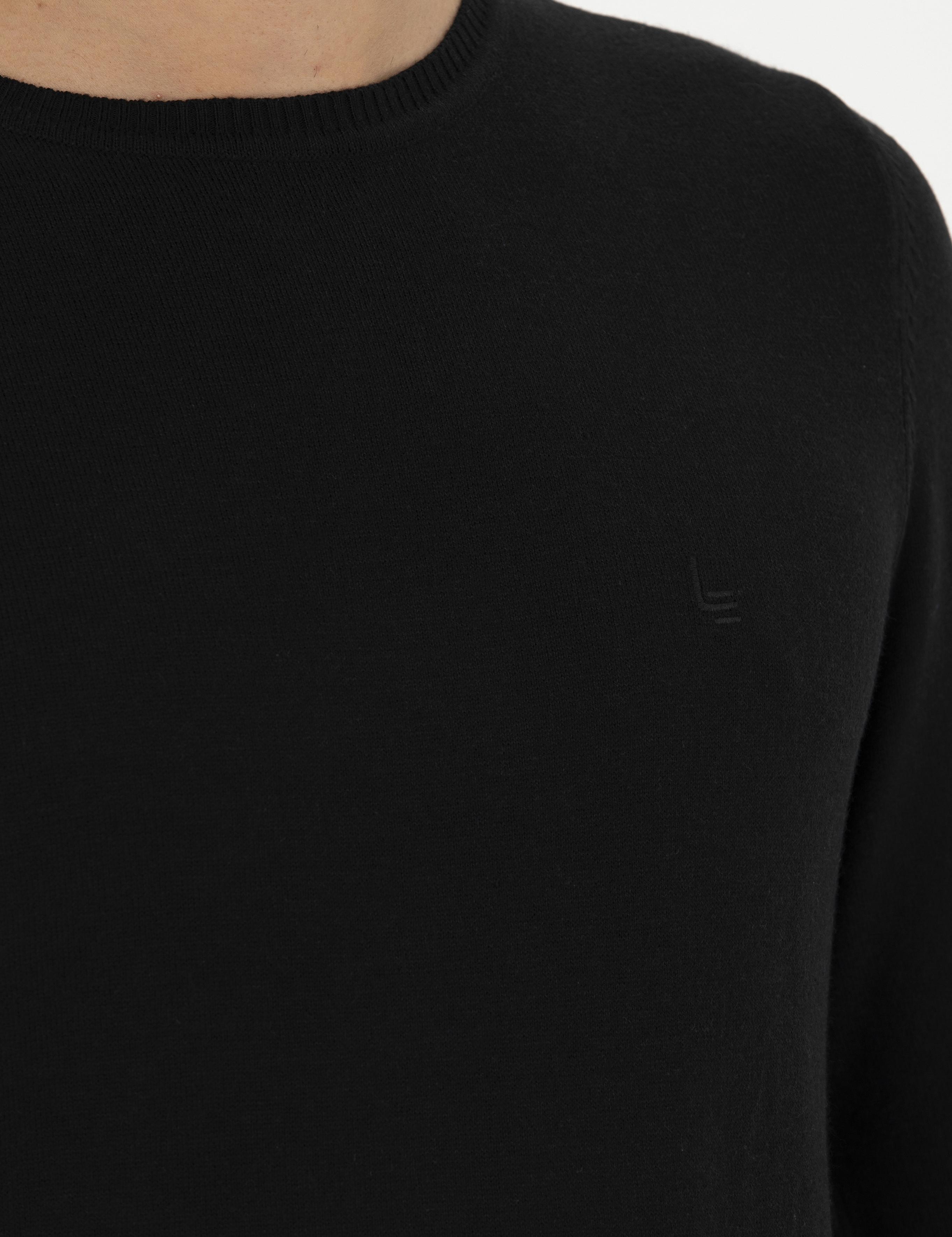 Siyah Slim Fit Pamuk Karışımlı Bisiklet Yaka Basic Triko Kazak - 50245040019