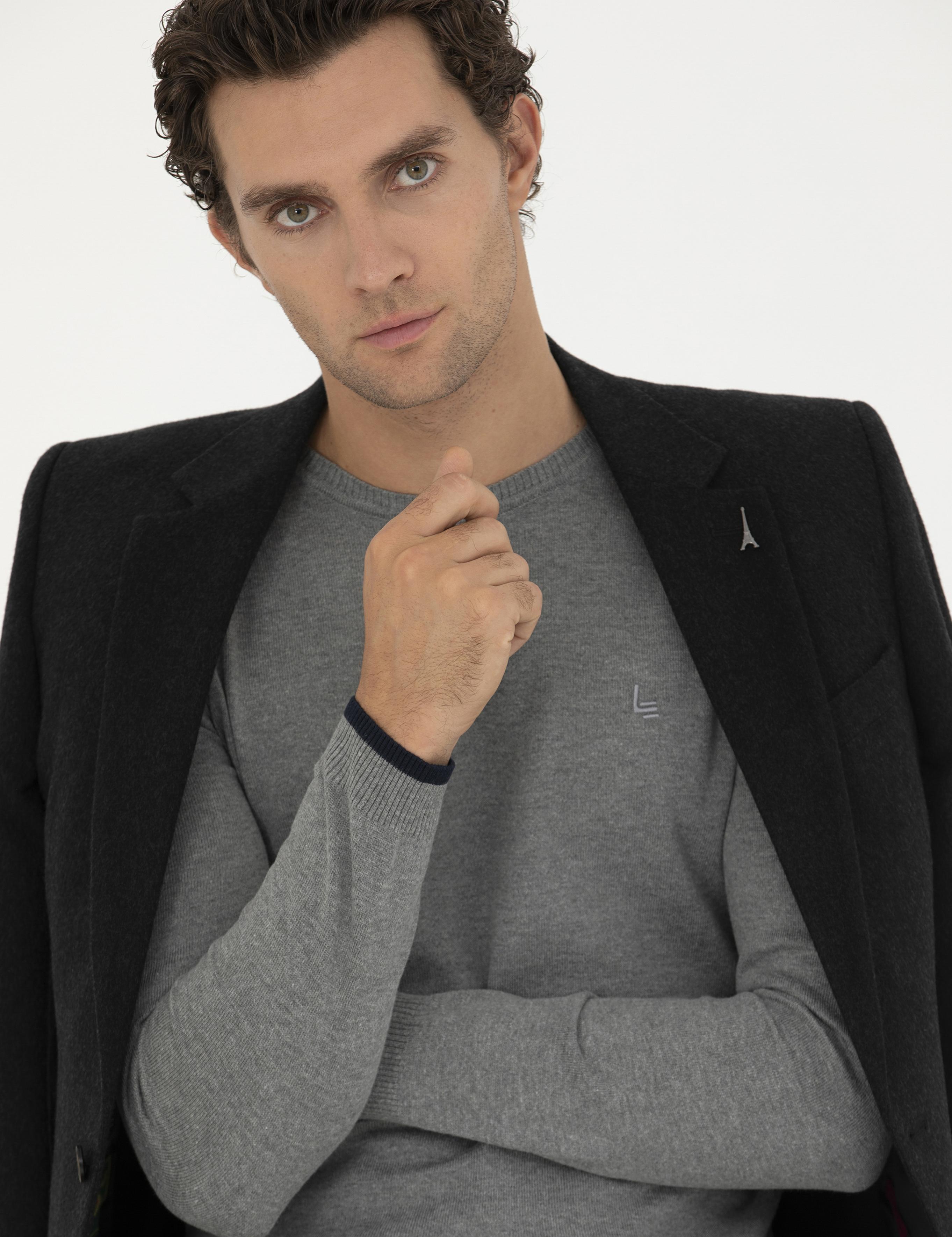 Gri Melanj Slim Fit Bisiklet Yaka Basic Triko Kazak - 50245040036