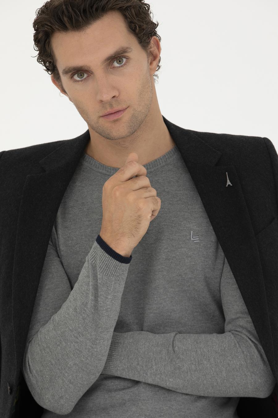 Gri Melanj Slim Fit Bisiklet Yaka Basic Triko Kazak - 50245040036