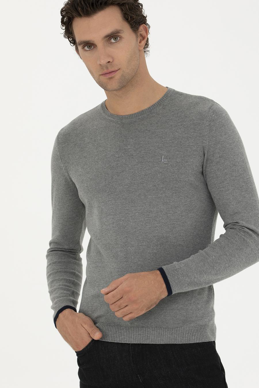 Gri Melanj Slim Fit Bisiklet Yaka Basic Triko Kazak - 50245040036