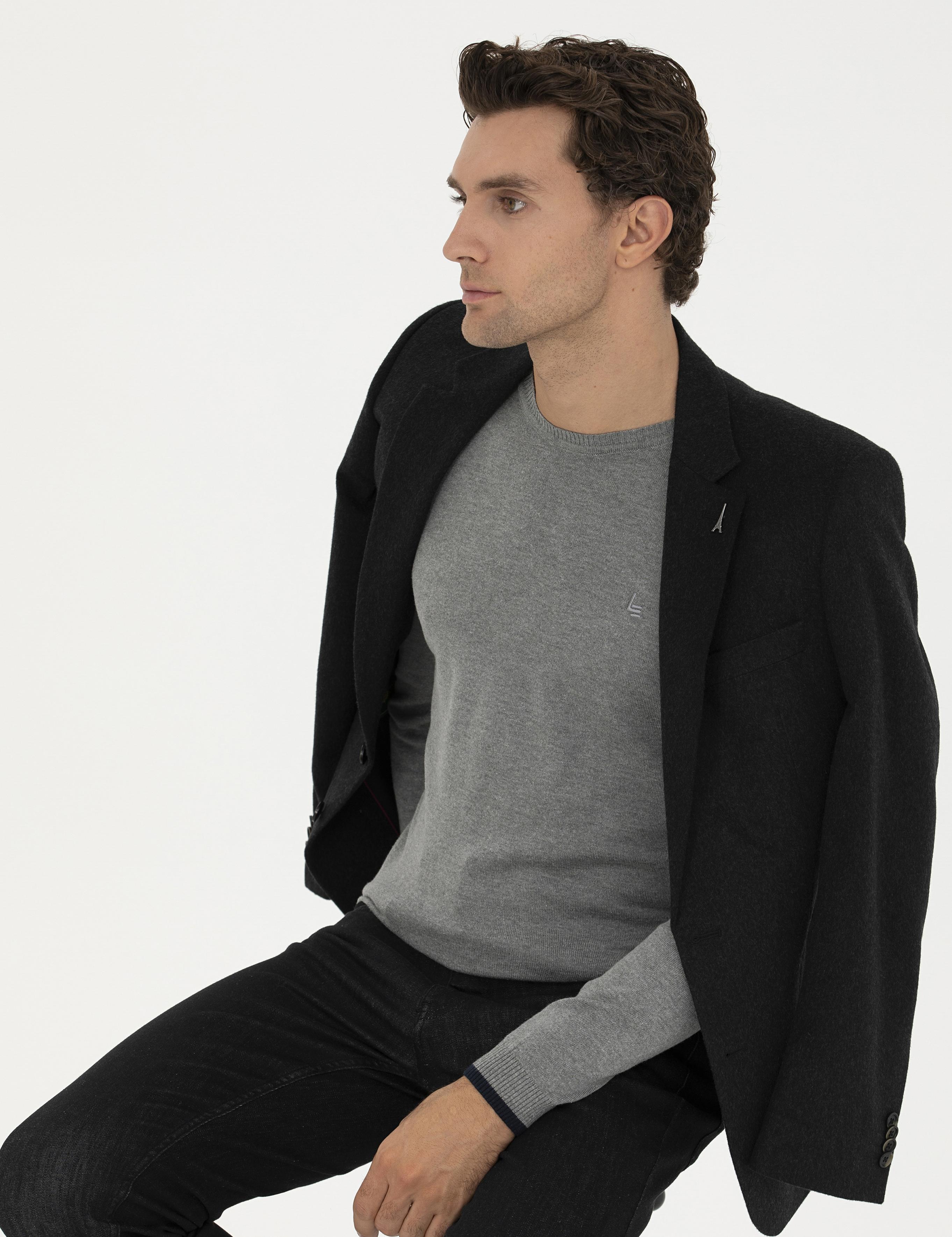 Gri Melanj Slim Fit Bisiklet Yaka Basic Triko Kazak - 50245040036