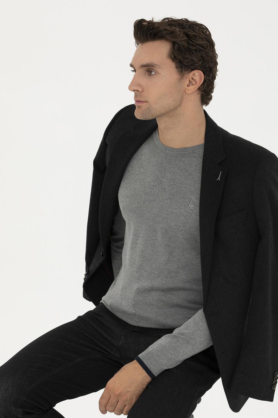 Gri Melanj Slim Fit Bisiklet Yaka Basic Triko Kazak - 50245040036