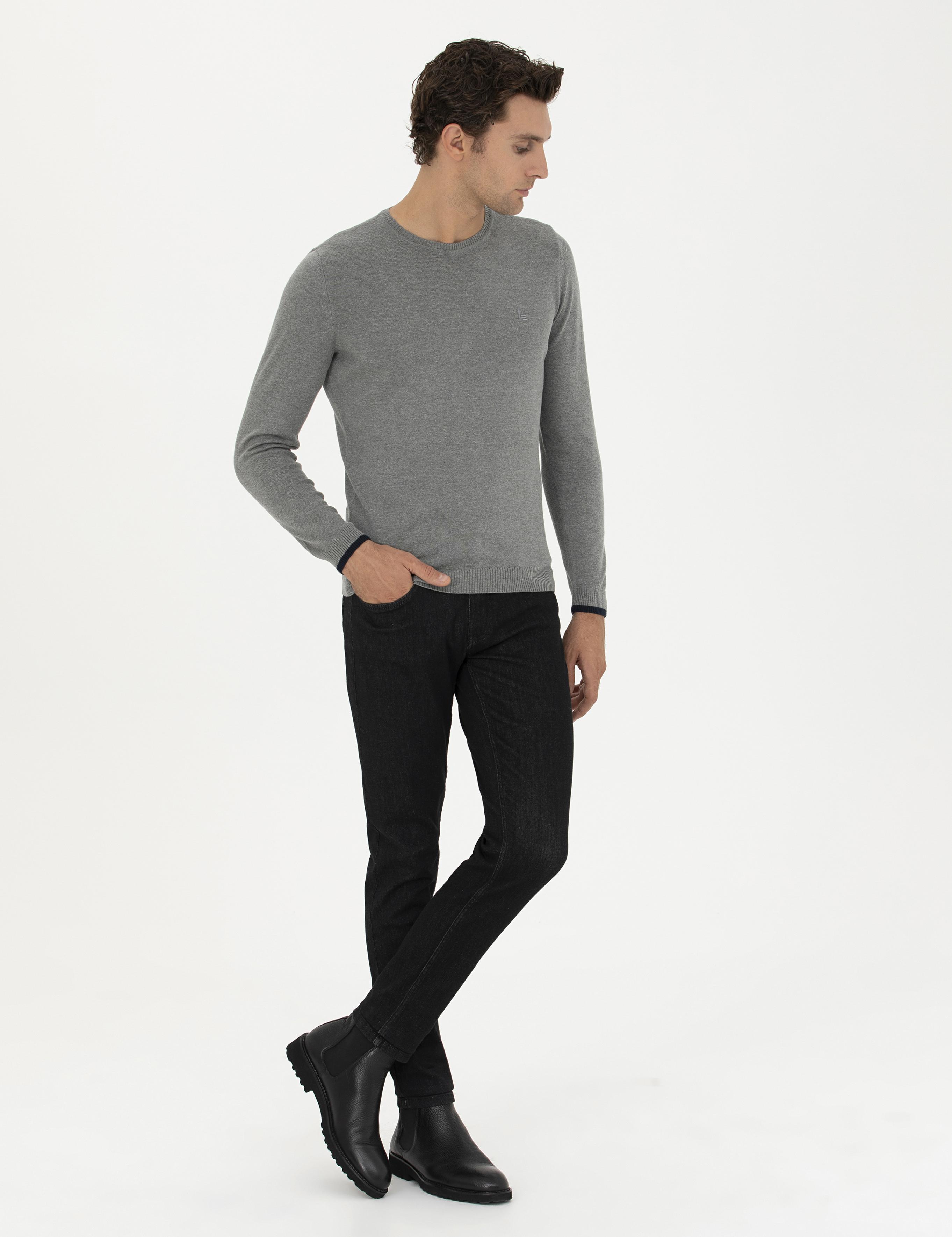 Gri Melanj Slim Fit Bisiklet Yaka Basic Triko Kazak - 50245040036