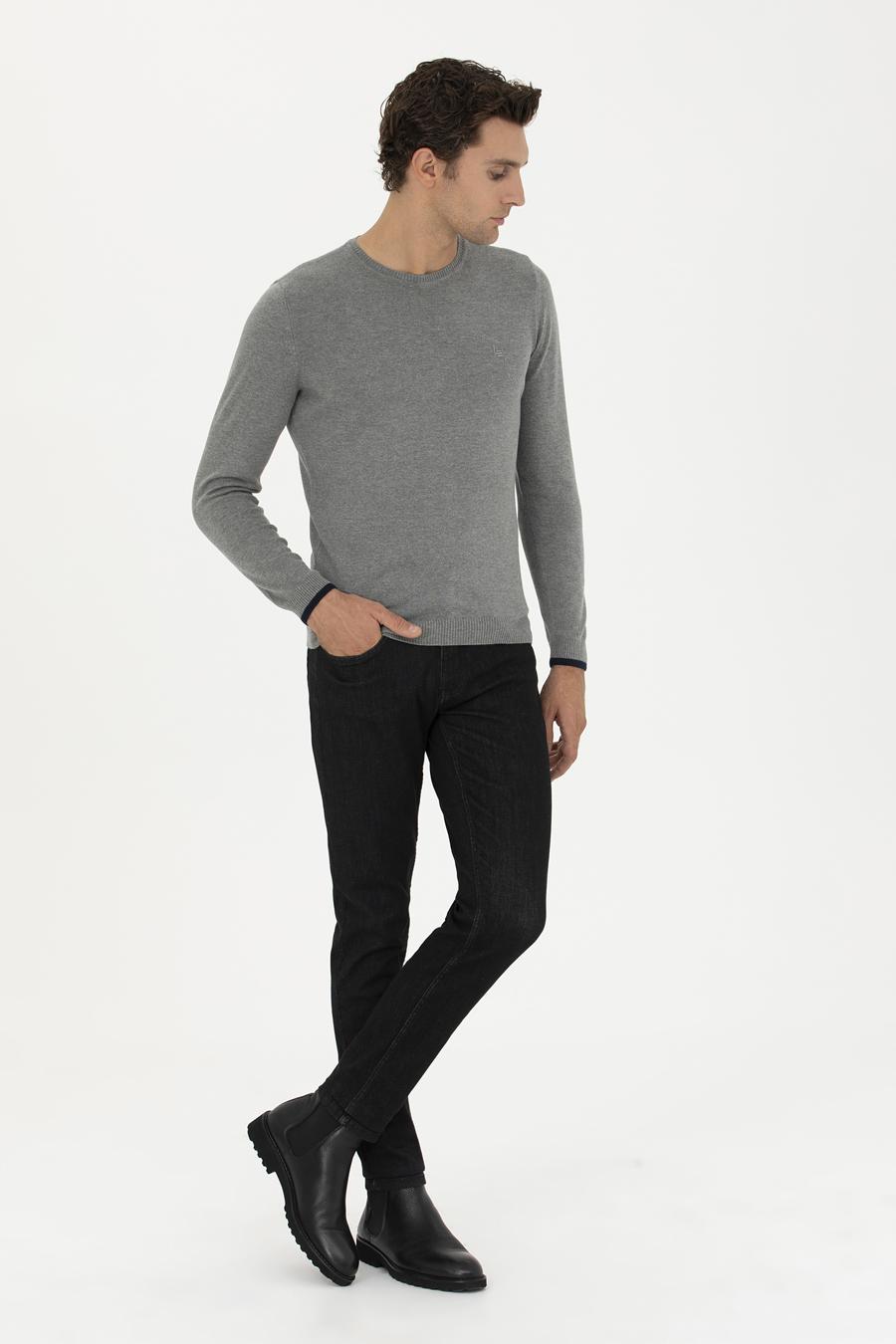 Gri Melanj Slim Fit Bisiklet Yaka Basic Triko Kazak - 50245040036