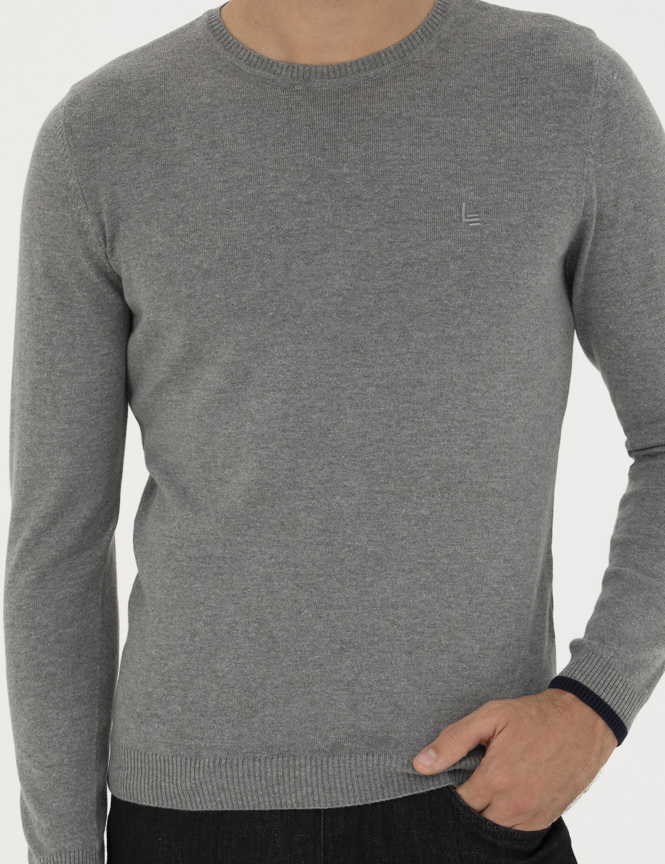 Gri Melanj Slim Fit Bisiklet Yaka Basic Triko Kazak - 50245040036
