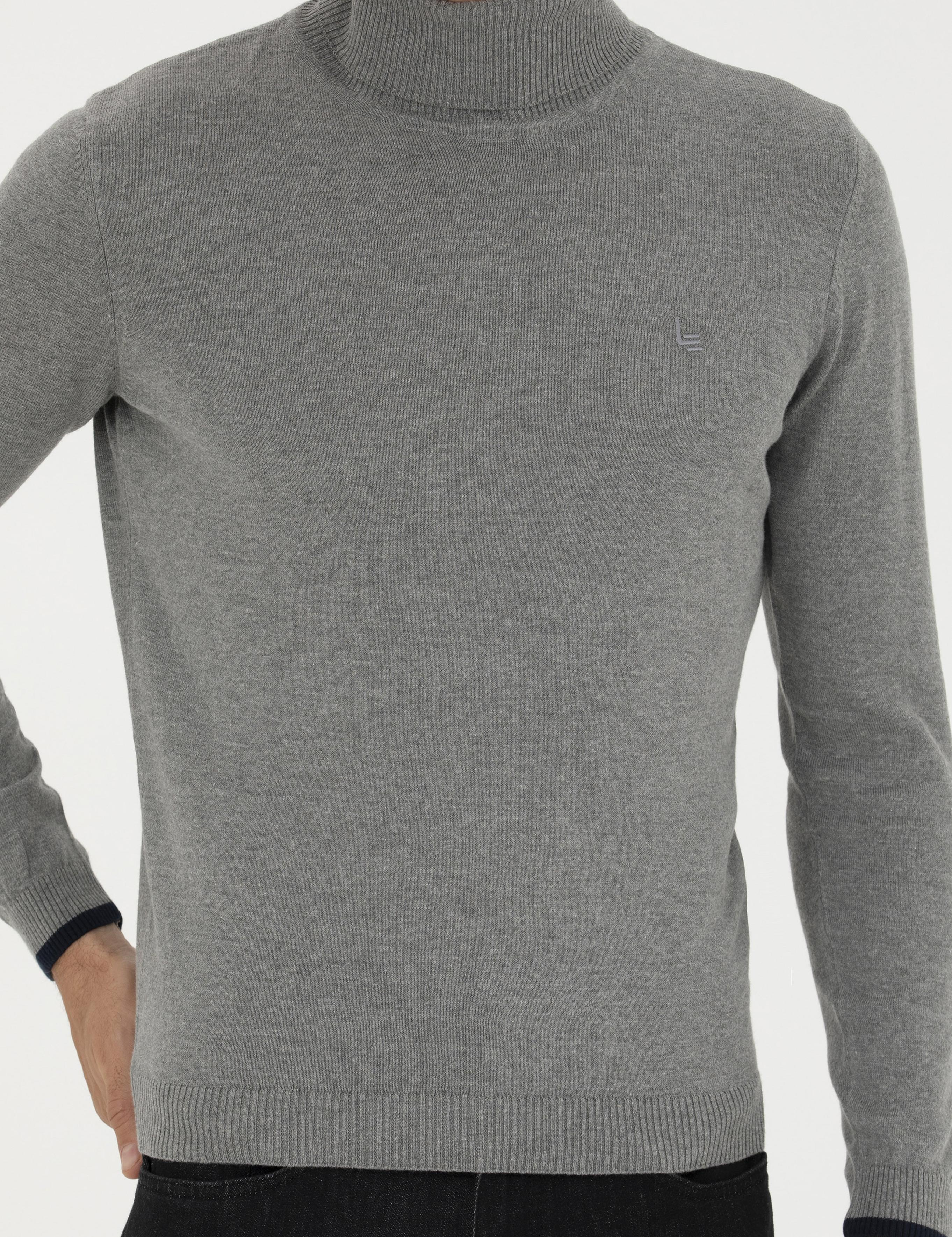 Gri Melanj Slim Fit Balıkçı Yaka Basic Triko Kazak - 50245058059