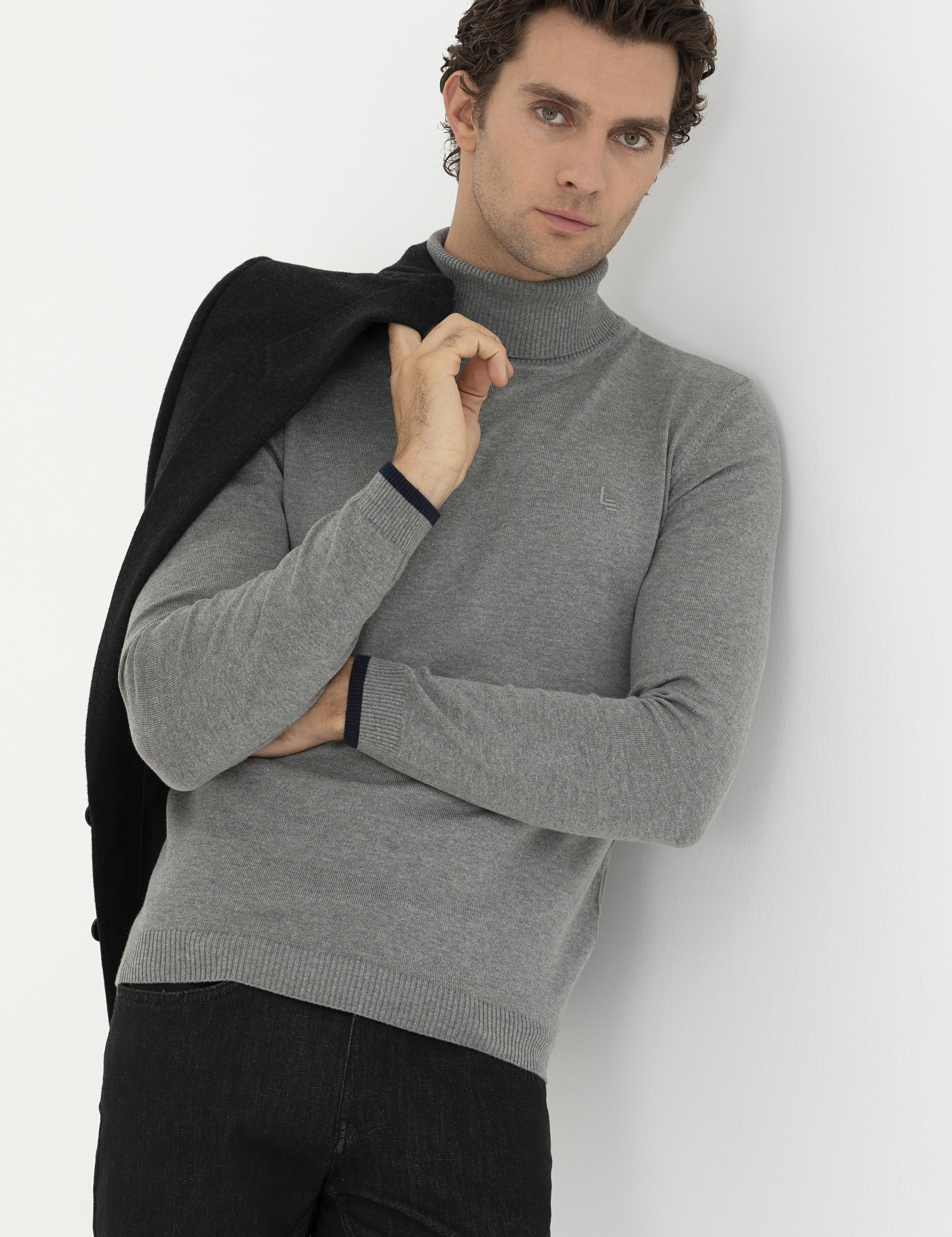 Gri Melanj Slim Fit Balıkçı Yaka Basic Triko Kazak - 50245058059