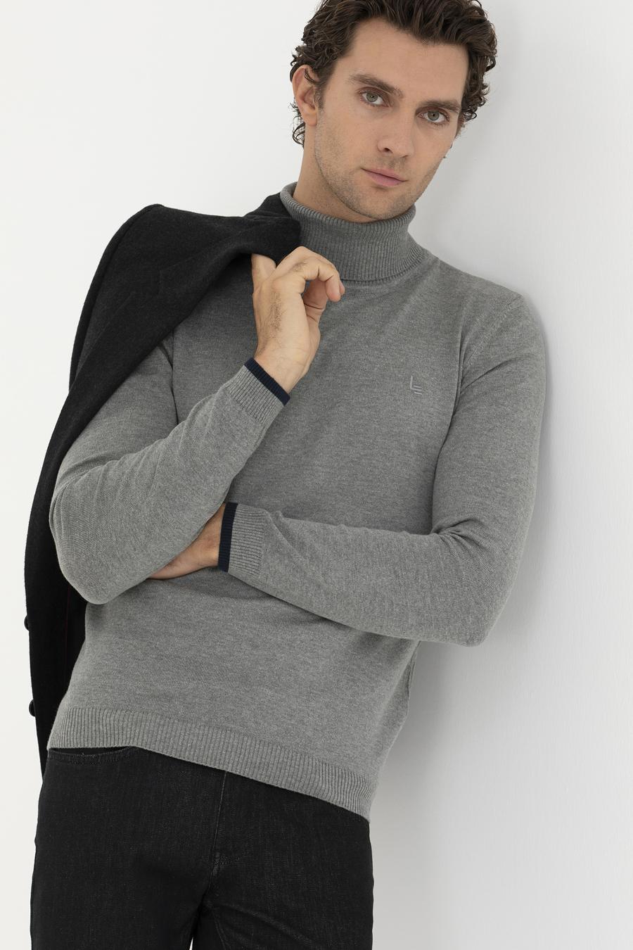 Gri Melanj Slim Fit Balıkçı Yaka Basic Triko Kazak - 50245058059