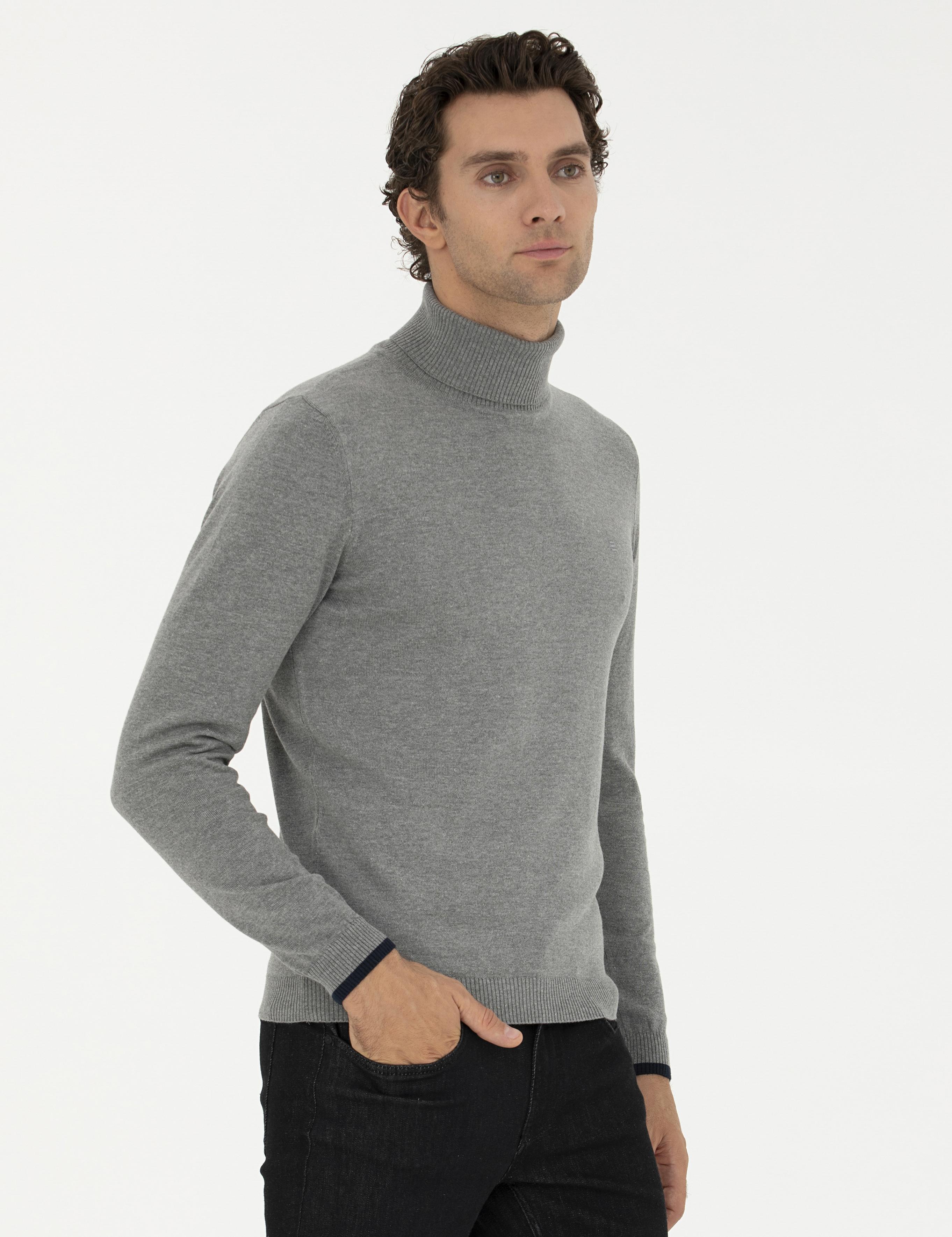 Gri Melanj Slim Fit Balıkçı Yaka Basic Triko Kazak - 50245058059