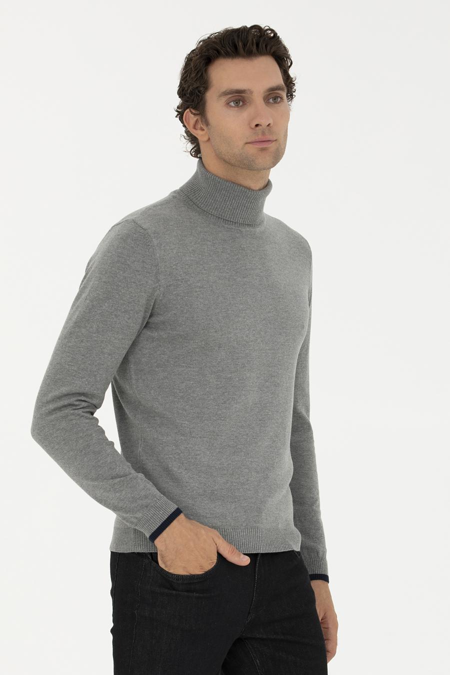 Gri Melanj Slim Fit Balıkçı Yaka Basic Triko Kazak - 50245058059