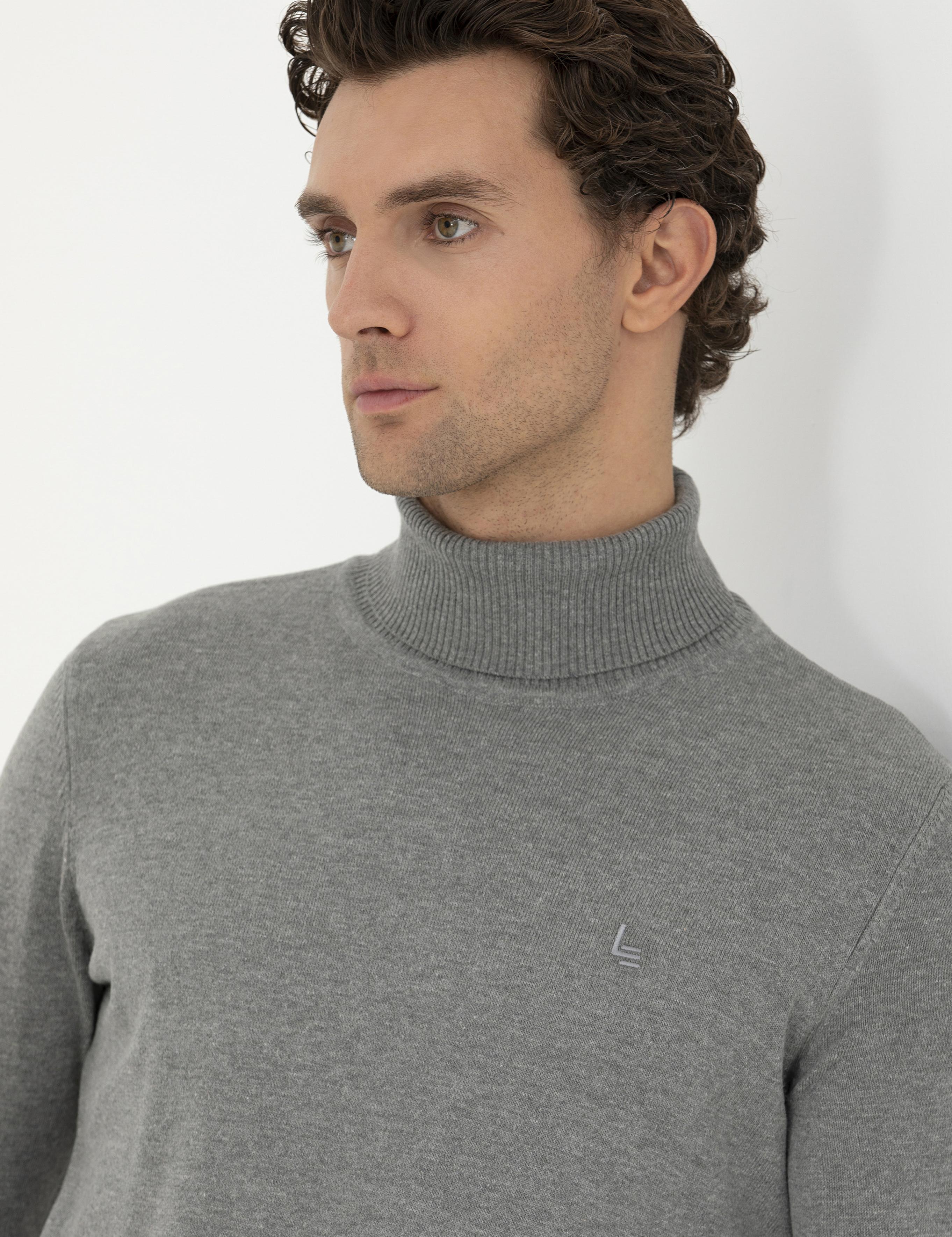 Gri Melanj Slim Fit Balıkçı Yaka Basic Triko Kazak - 50245058059
