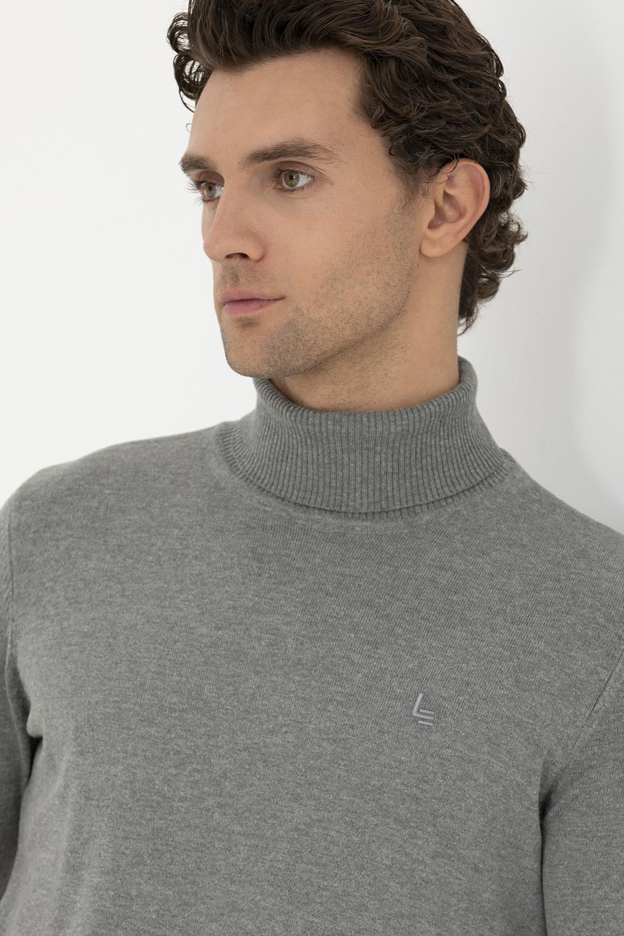 Gri Melanj Slim Fit Balıkçı Yaka Basic Triko Kazak - 50245058059