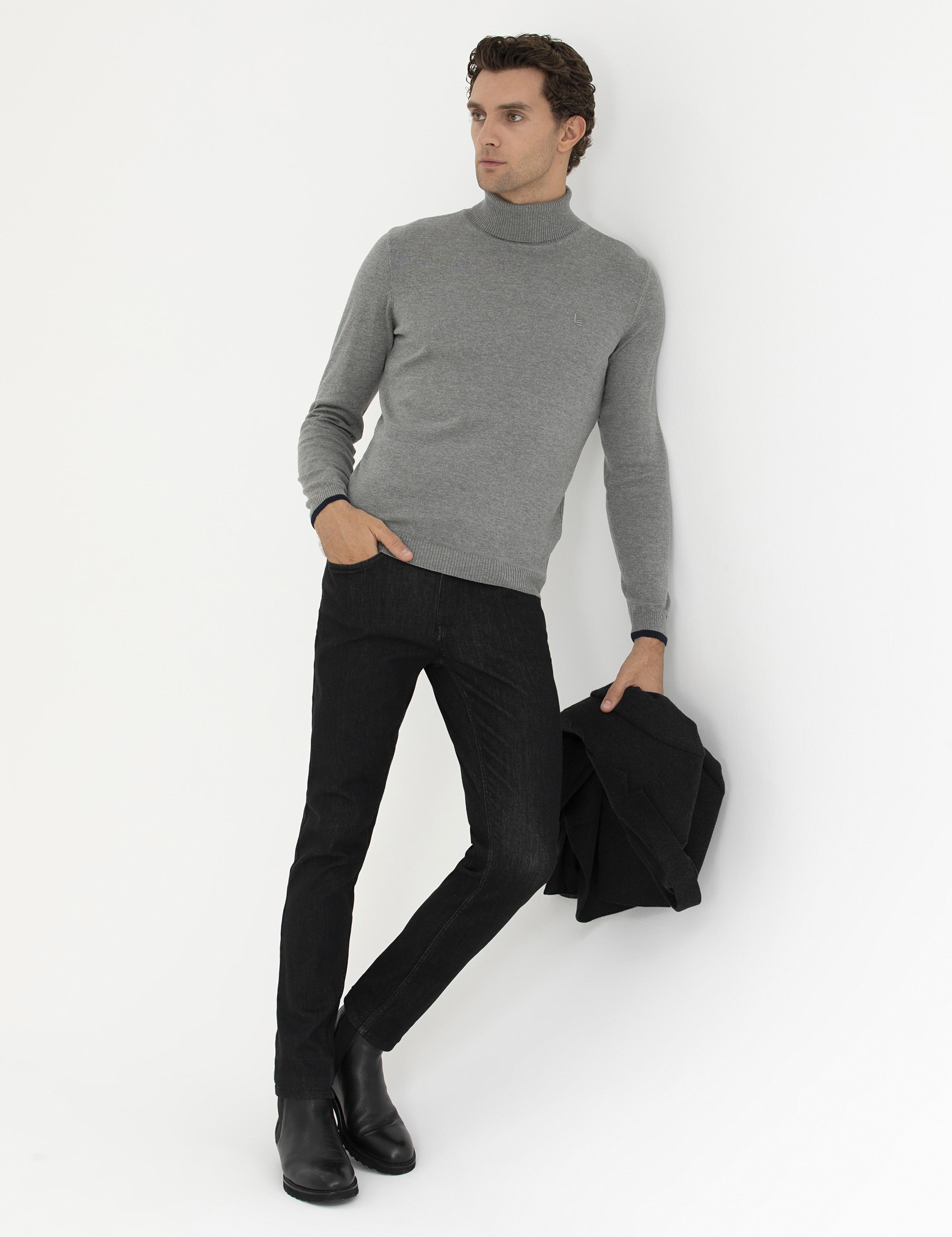 Gri Melanj Slim Fit Balıkçı Yaka Basic Triko Kazak - 50245058059