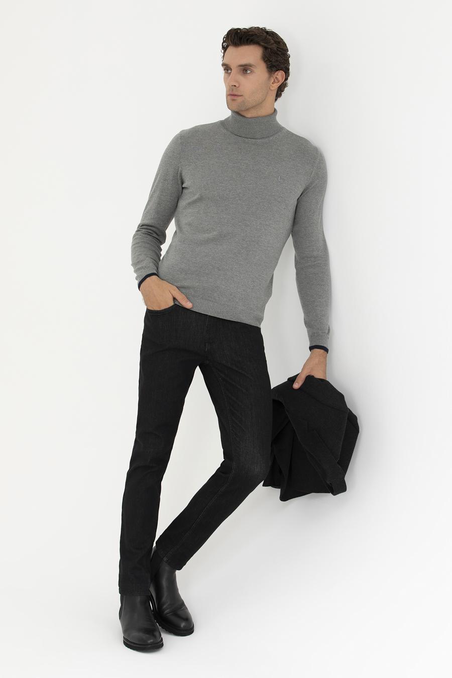 Gri Melanj Slim Fit Balıkçı Yaka Basic Triko Kazak - 50245058059