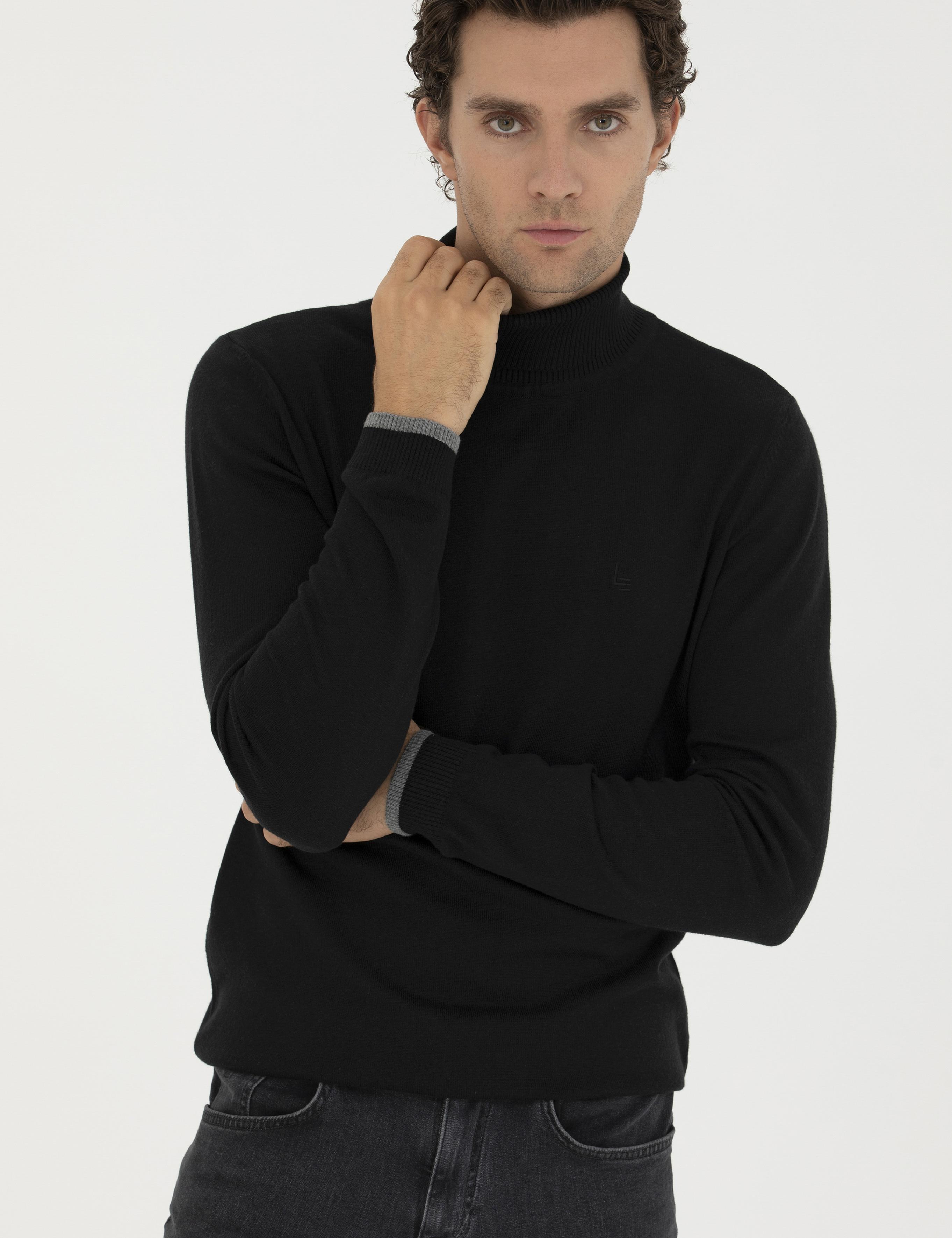 Siyah Slim Fit Pamuk Karışımlı Balıkçı Yaka Basic Triko Kazak - 50245058012