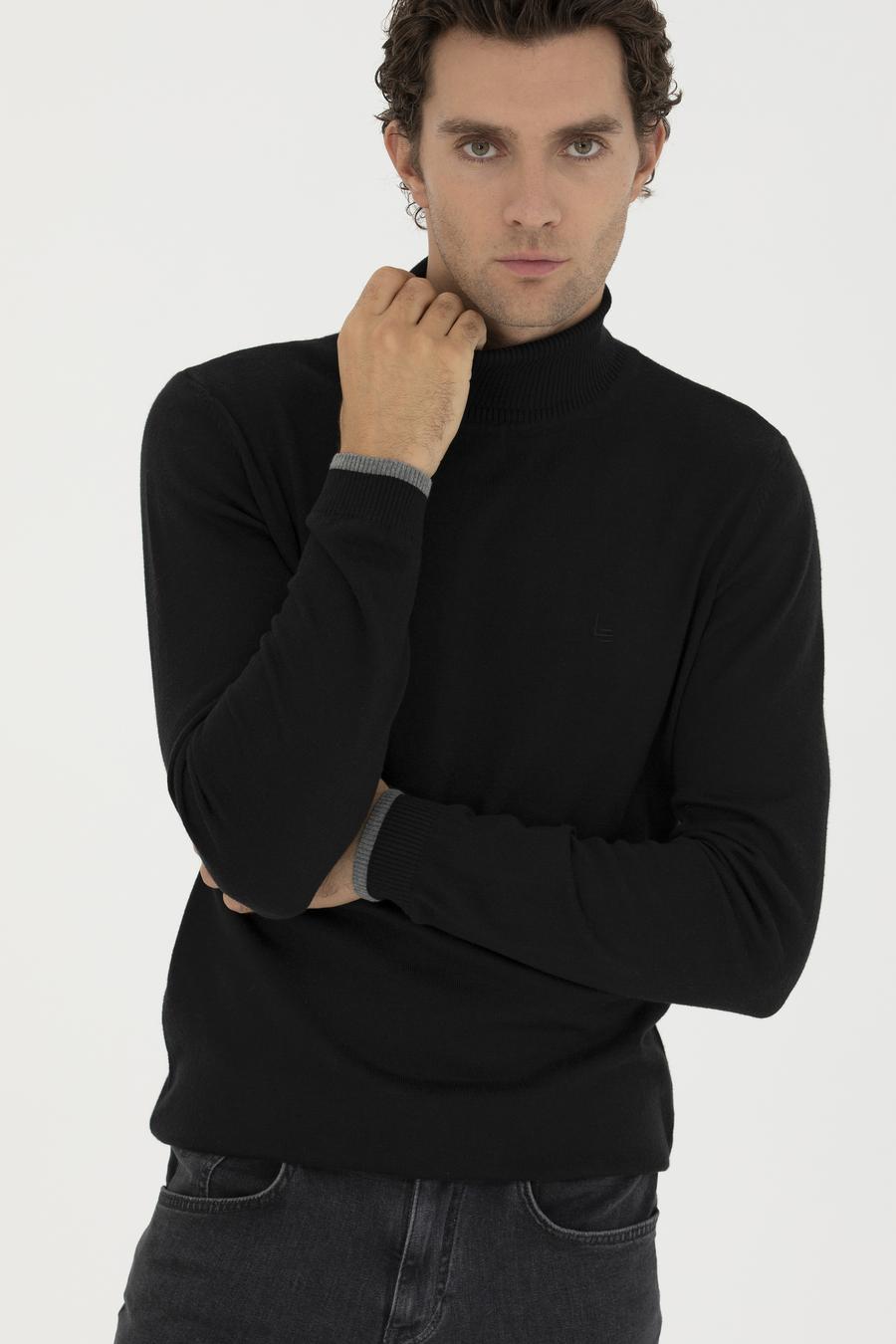 Siyah Slim Fit Pamuk Karışımlı Balıkçı Yaka Basic Triko Kazak - 50245058012