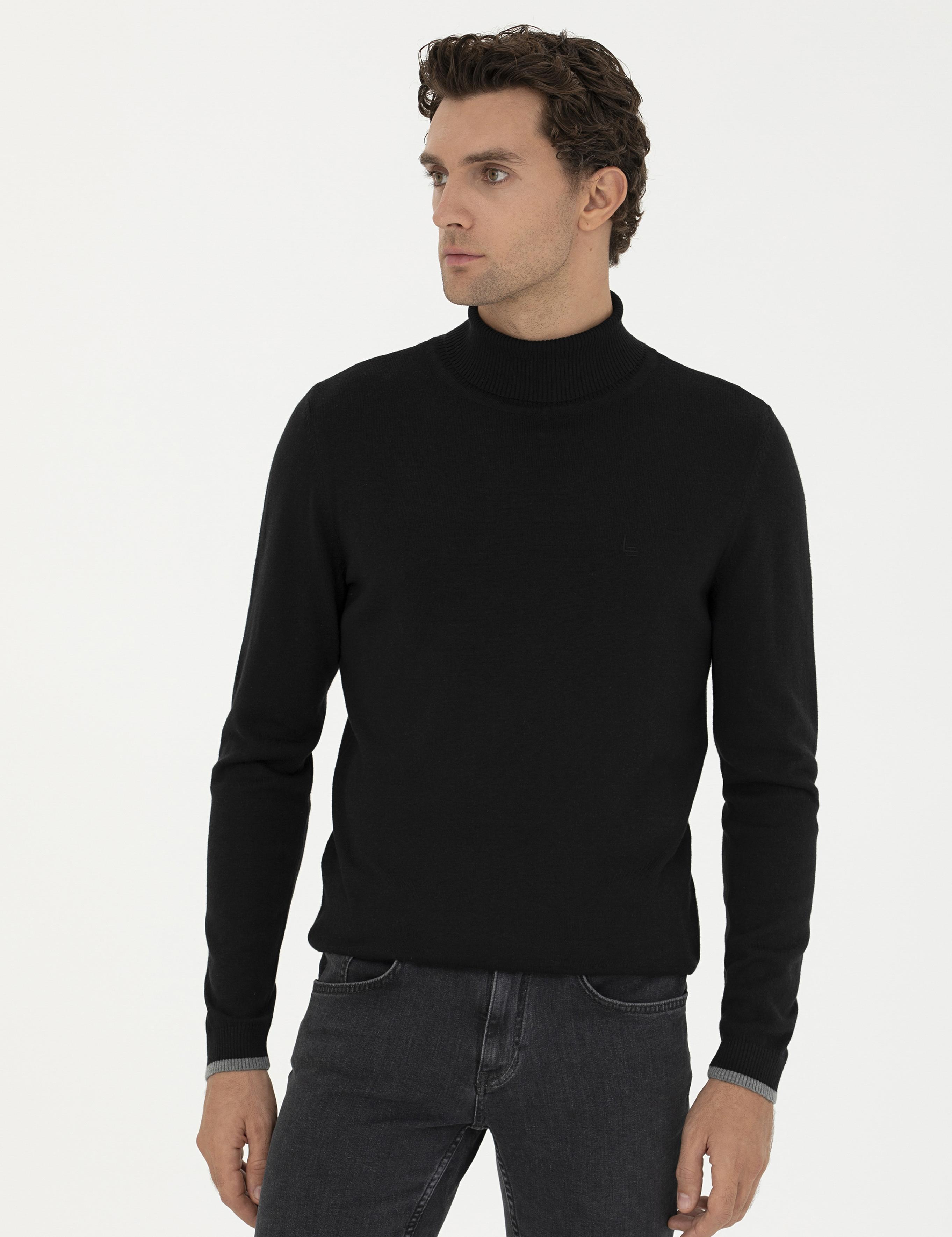 Siyah Slim Fit Pamuk Karışımlı Balıkçı Yaka Basic Triko Kazak - 50245058012