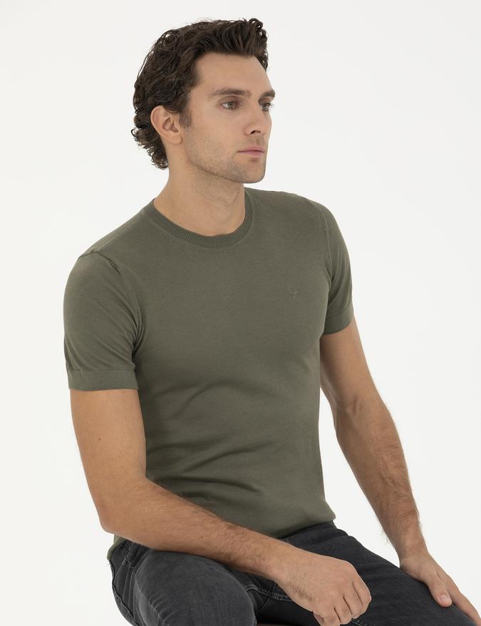 Haki Slim Fit Bisiklet Yaka Triko T-shirt