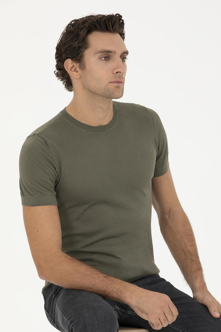 Haki Slim Fit Bisiklet Yaka Triko T-shirt - 50249549017