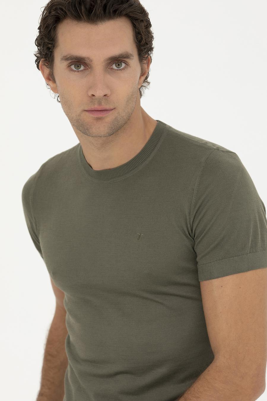 Haki Slim Fit Bisiklet Yaka Triko T-shirt - 50249549017
