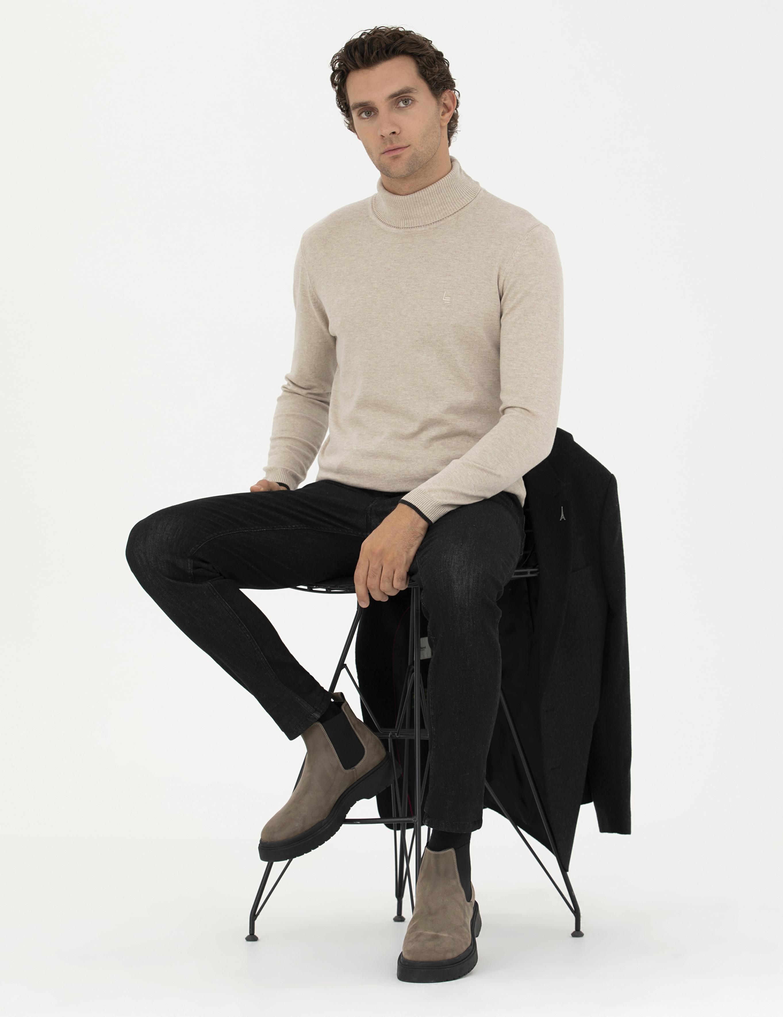 Kum Melanj Slim Fit Balıkçı Yaka Basic Triko Kazak - 50258919003