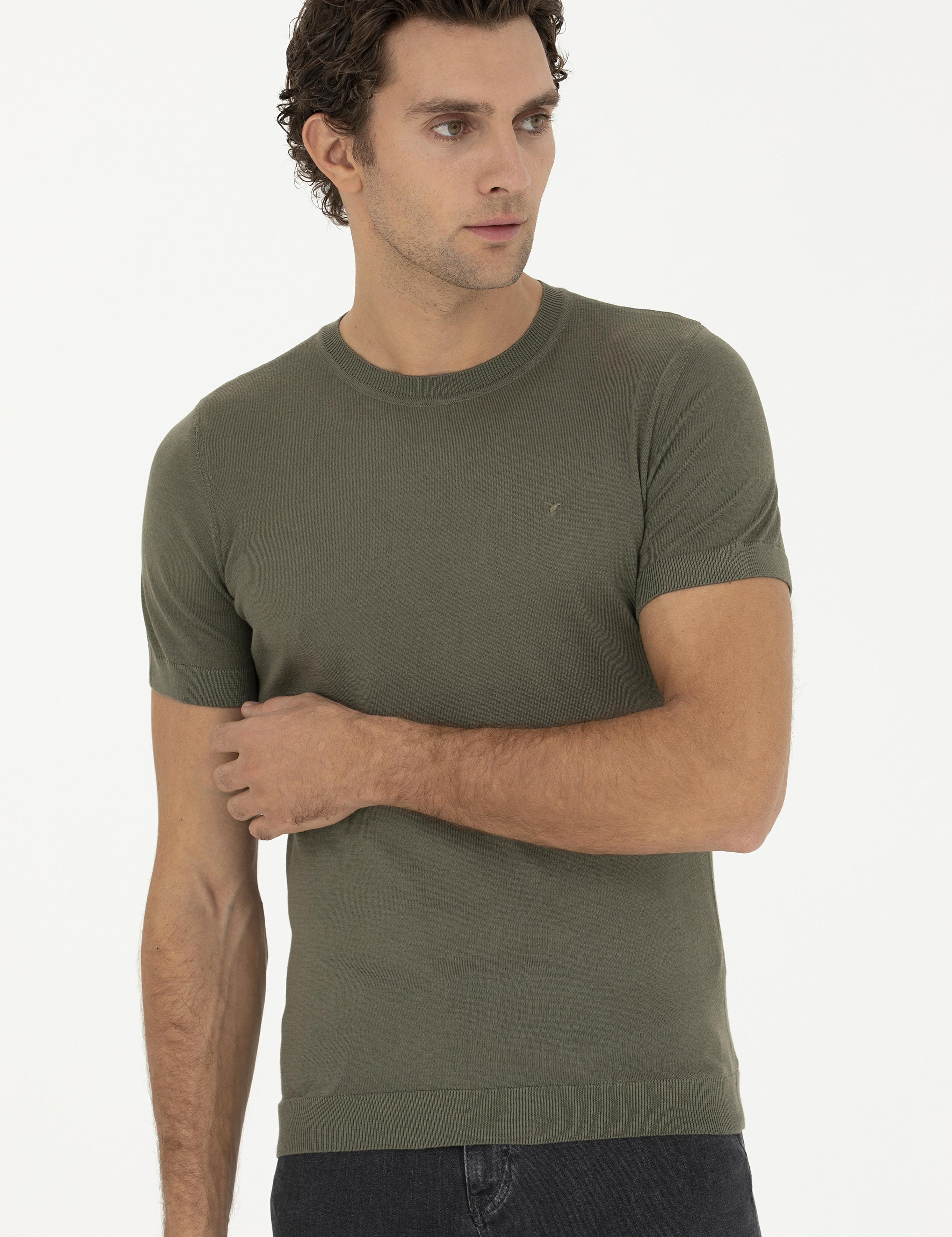 Haki Slim Fit Bisiklet Yaka Triko T-shirt - 50249549017