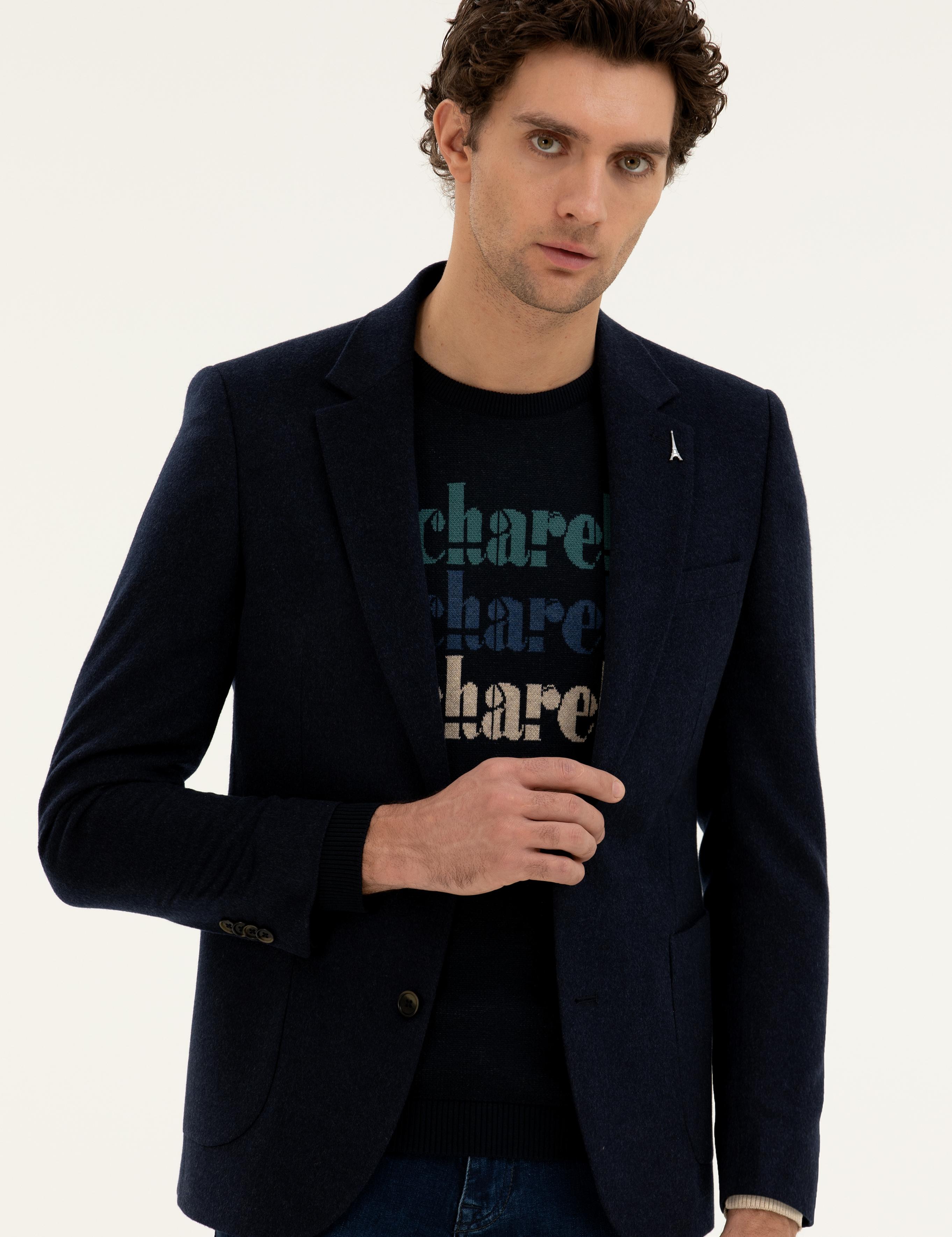 Lacivert Slim Fit Kaşmir Ceket - 50279527053