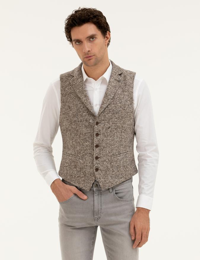 Bej Slim Fit Yün Karışımlı Dokuma Yelek