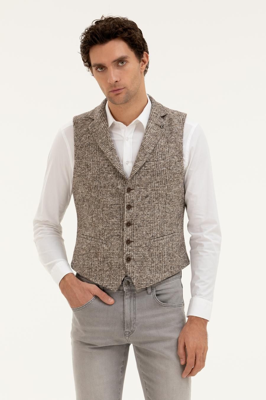 Bej Slim Fit Yün Karışımlı Dokuma Yelek - 50279416002