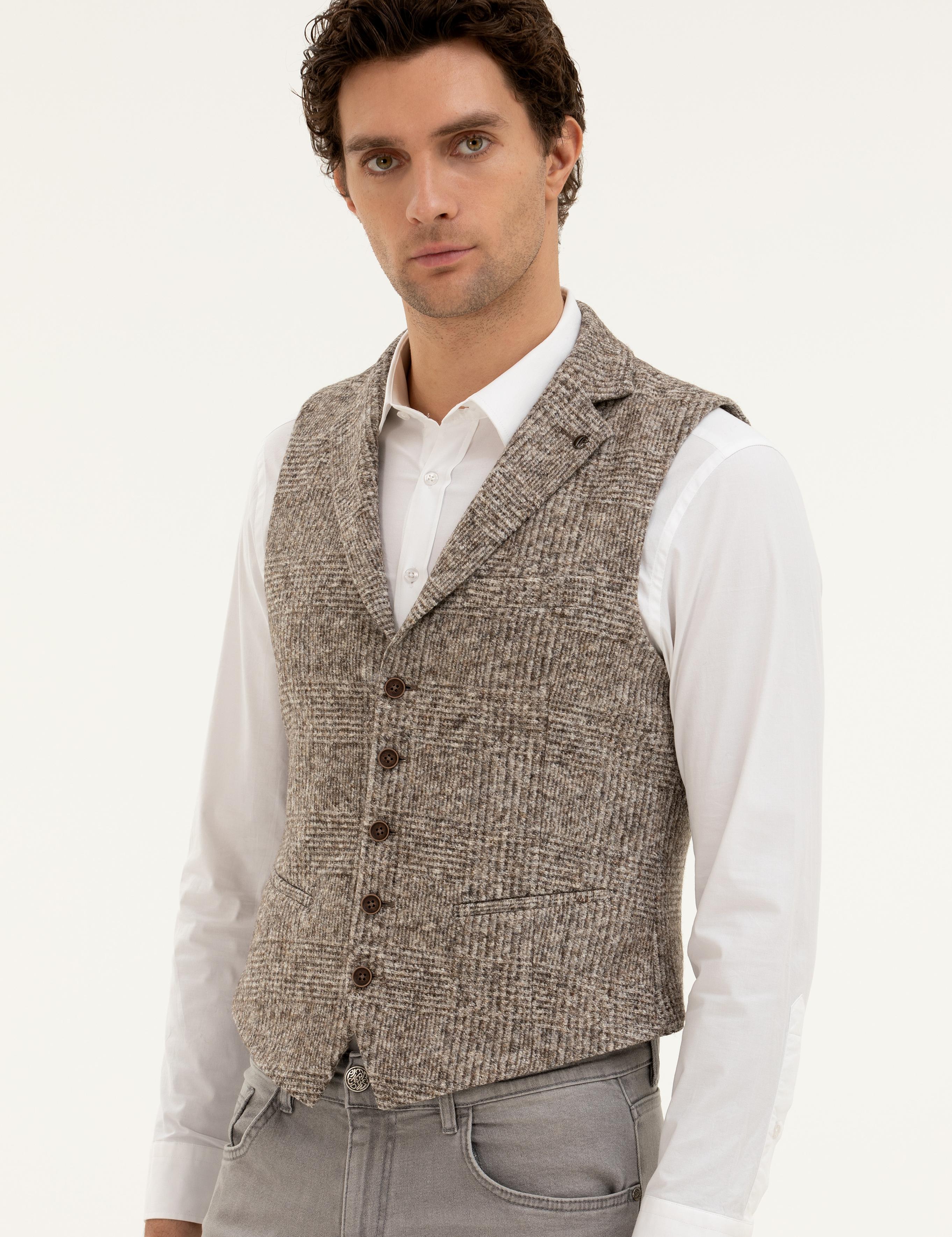 Bej Slim Fit Yün Karışımlı Dokuma Yelek - 50279416002