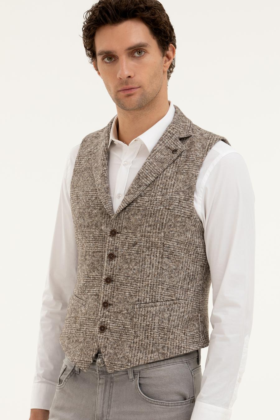 Bej Slim Fit Yün Karışımlı Dokuma Yelek - 50279416002