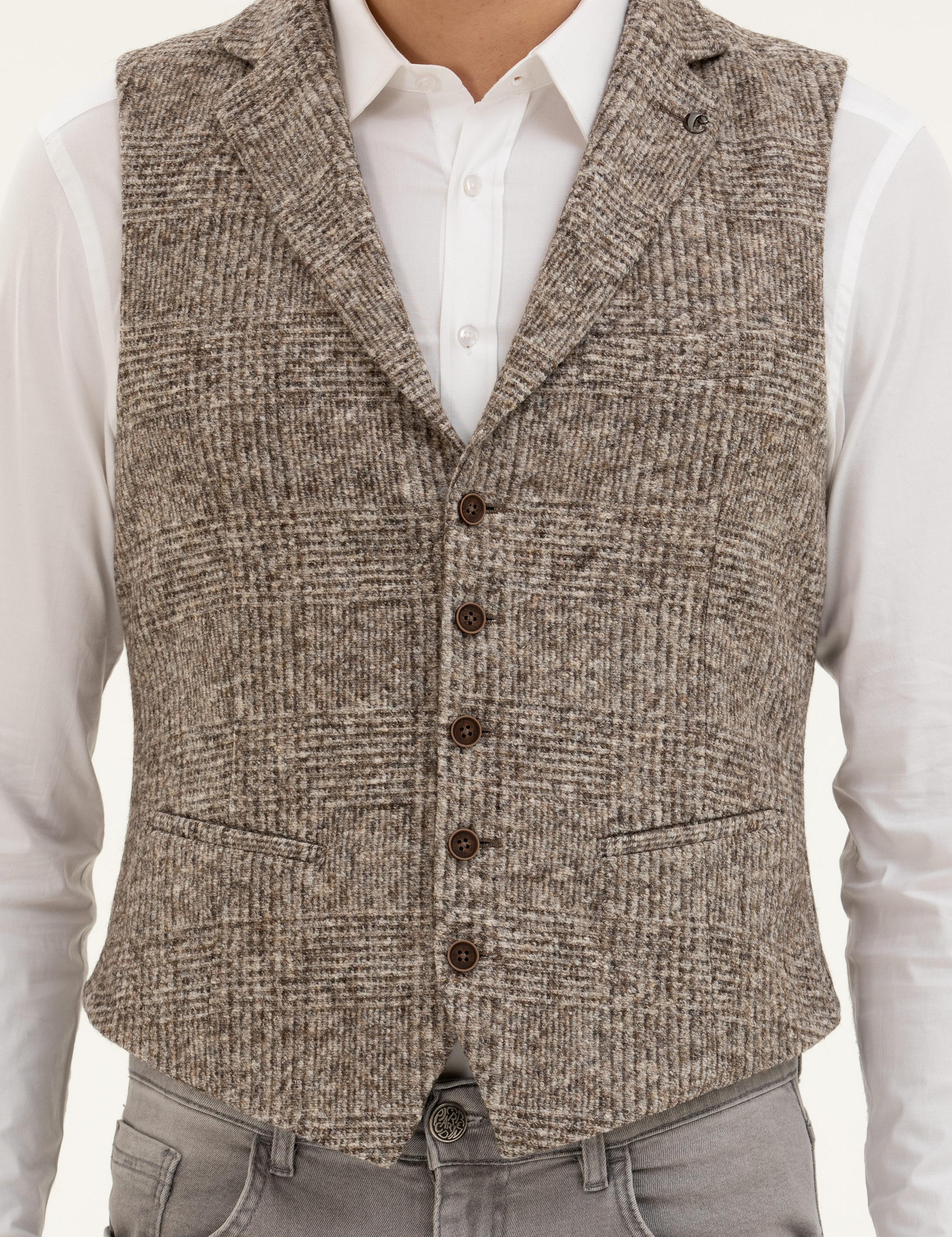 Bej Slim Fit Yün Karışımlı Dokuma Yelek - 50279416002