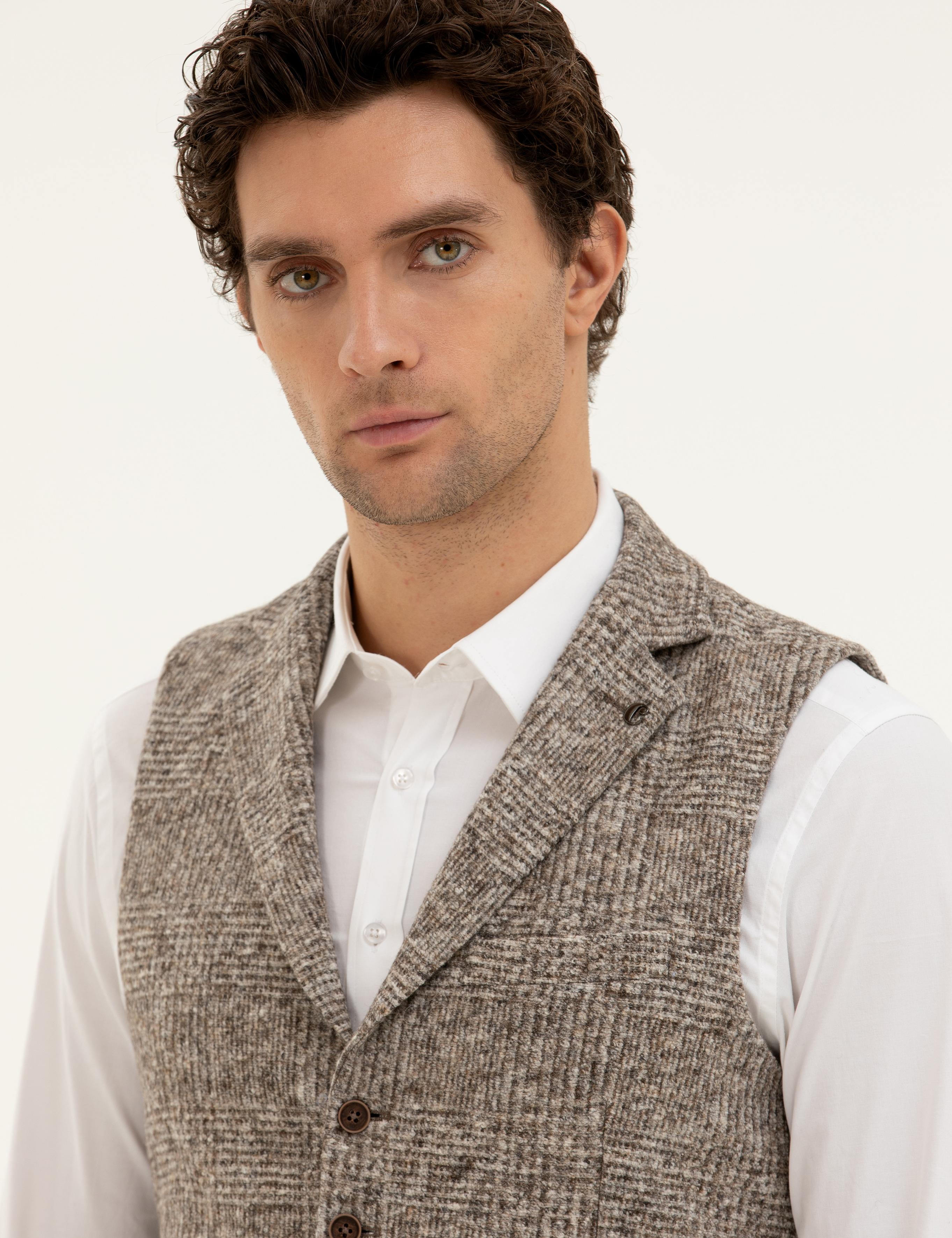 Bej Slim Fit Yün Karışımlı Dokuma Yelek - 50279416002