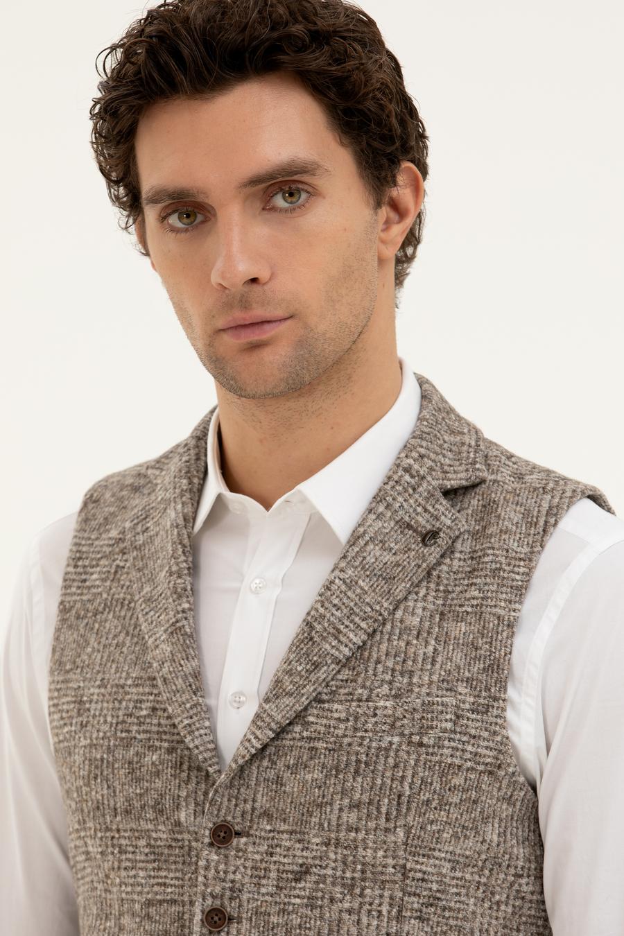 Bej Slim Fit Yün Karışımlı Dokuma Yelek - 50279416002
