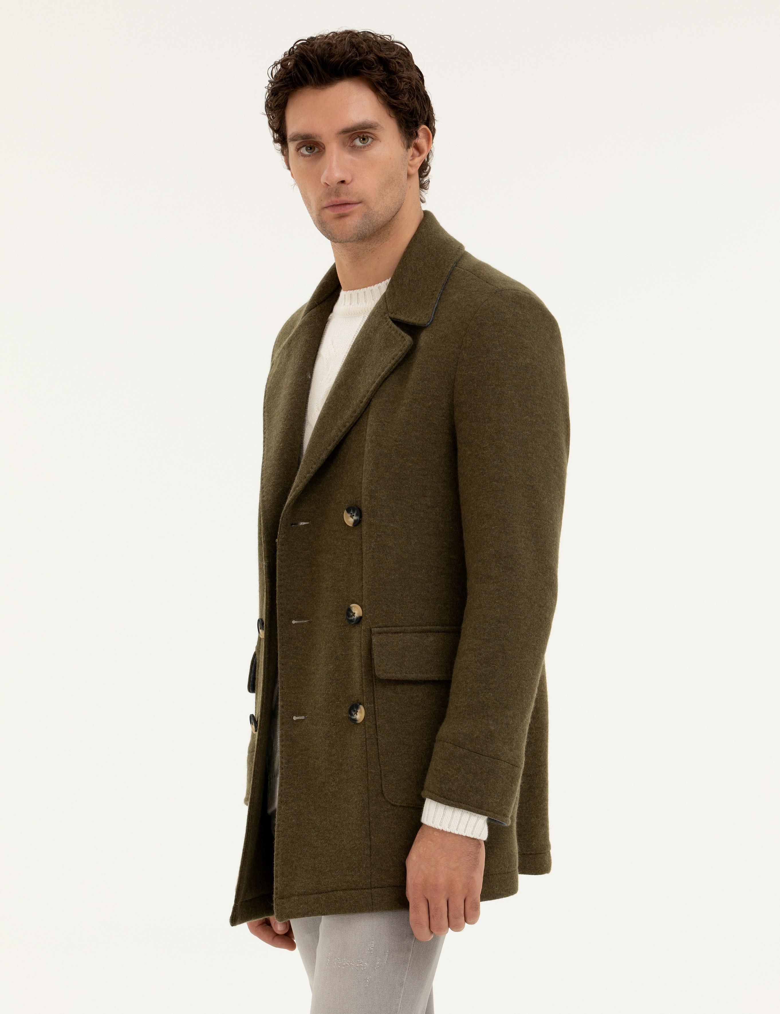 Haki Slim Fit Yün Karışımlı Kaşe Kaban - 50274060038