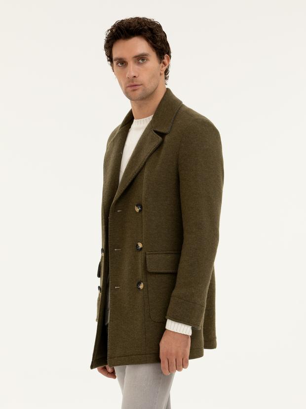 Haki Slim Fit Yün Karışımlı Kaşe Kaban