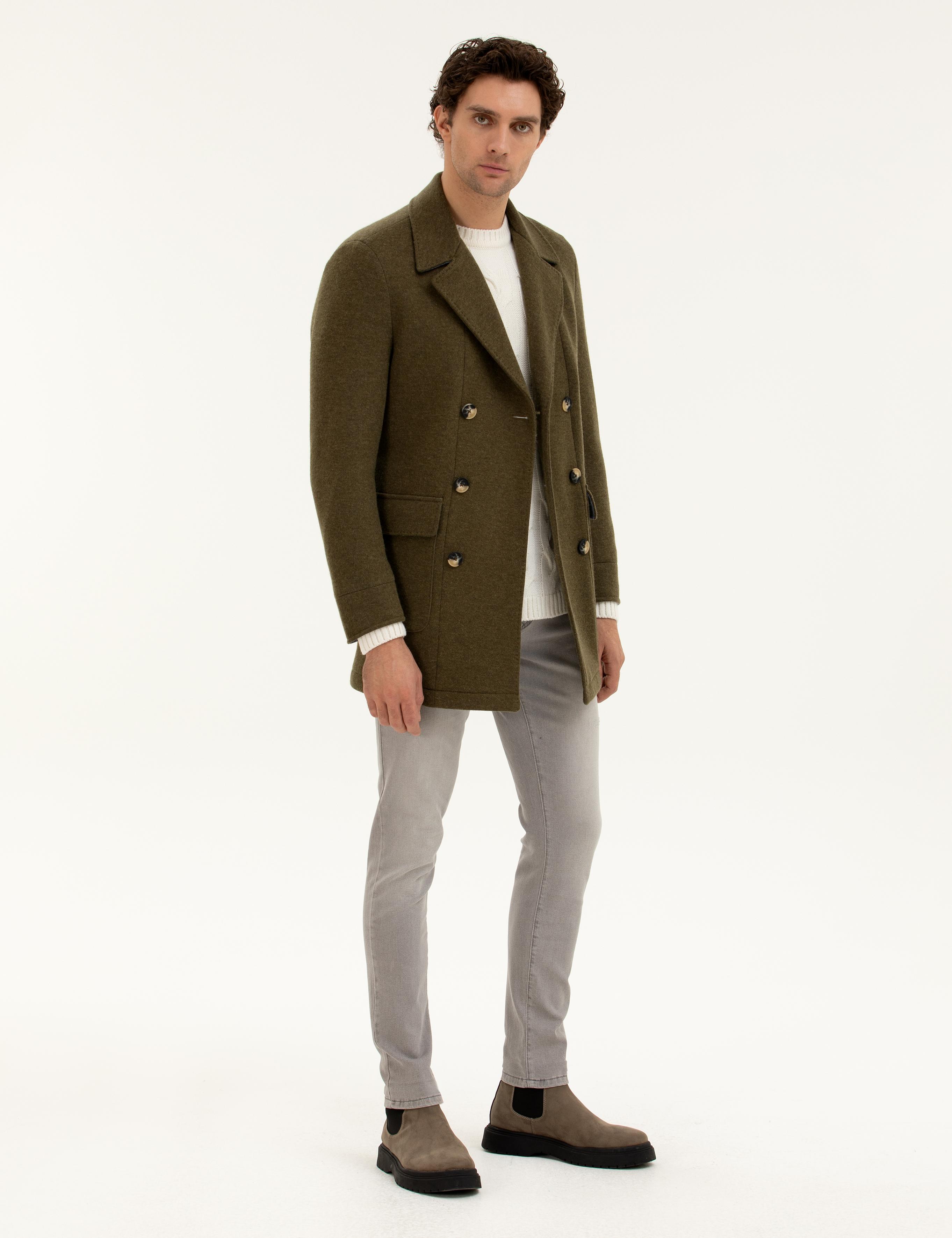 Haki Slim Fit Yün Karışımlı Kaşe Kaban - 50274060038