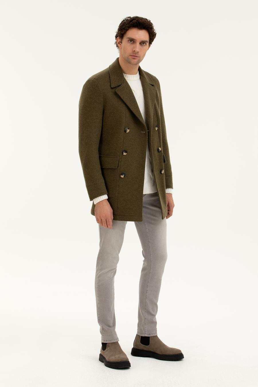 Haki Slim Fit Yün Karışımlı Kaşe Kaban - 50274060038