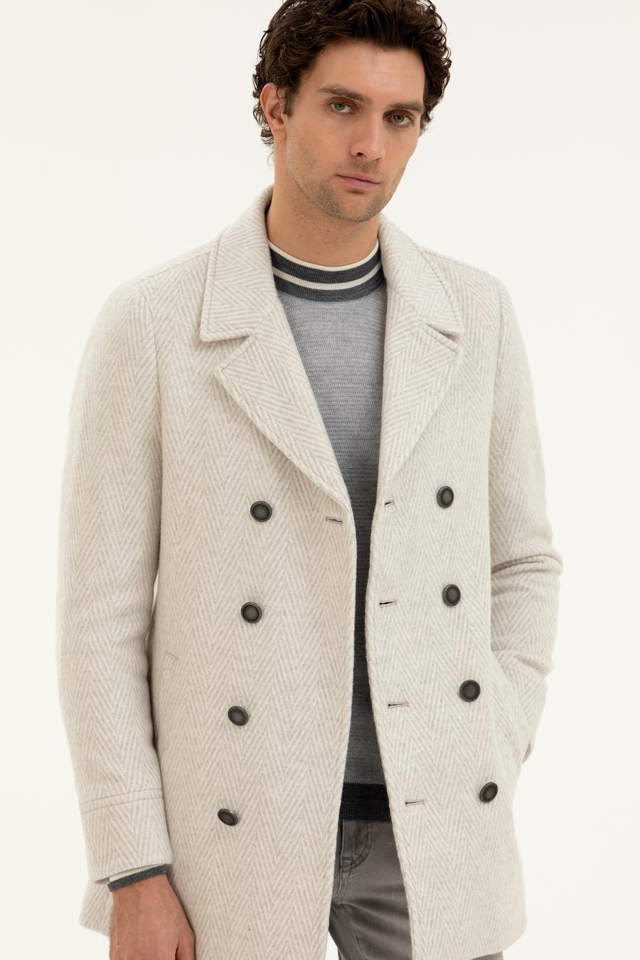 Beyaz Slim Fit Yün Karışımlı Balık Sırtı Kaşe Kaban - 50274051038