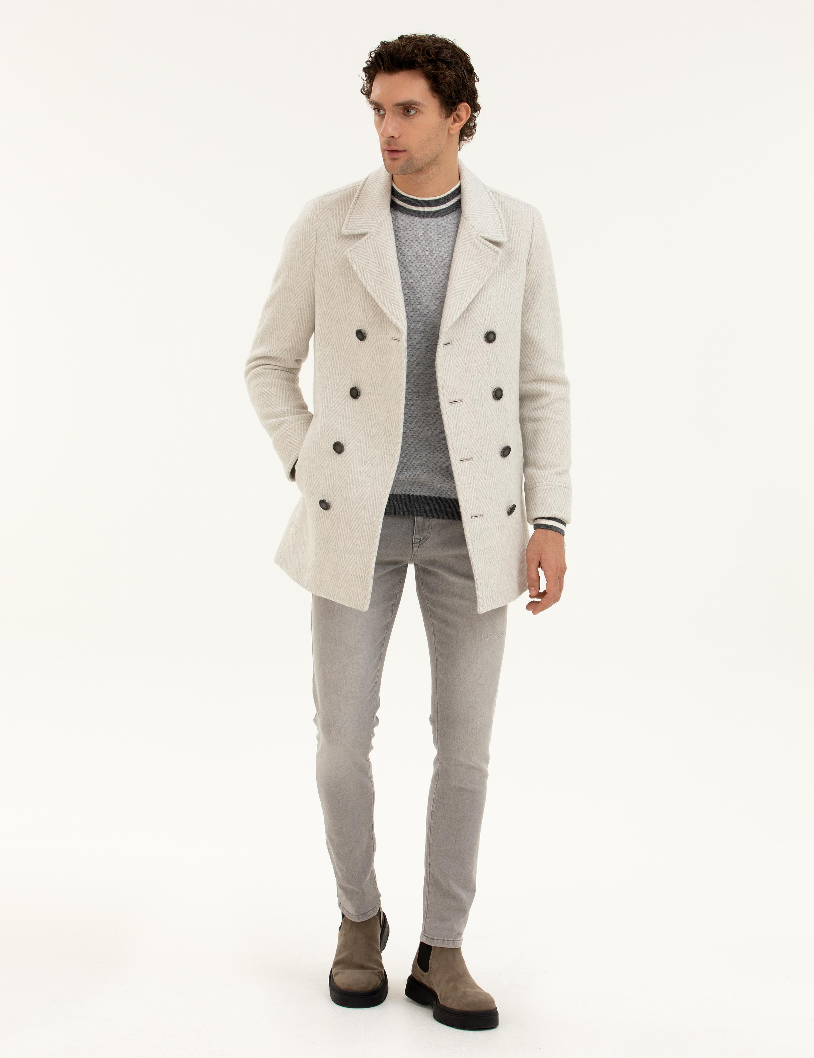 Beyaz Slim Fit Yün Karışımlı Balık Sırtı Kaşe Kaban - 50274051038
