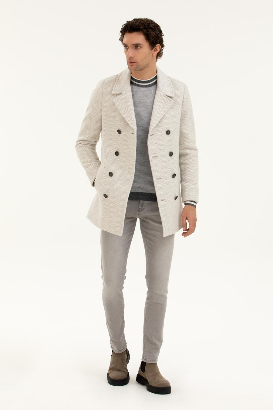 Beyaz Slim Fit Yün Karışımlı Balık Sırtı Kaşe Kaban - 50274051038