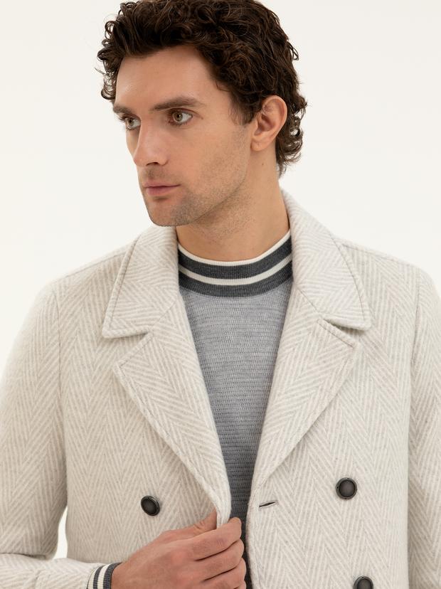 Beyaz Slim Fit Yün Karışımlı Balık Sırtı Kaşe Kaban