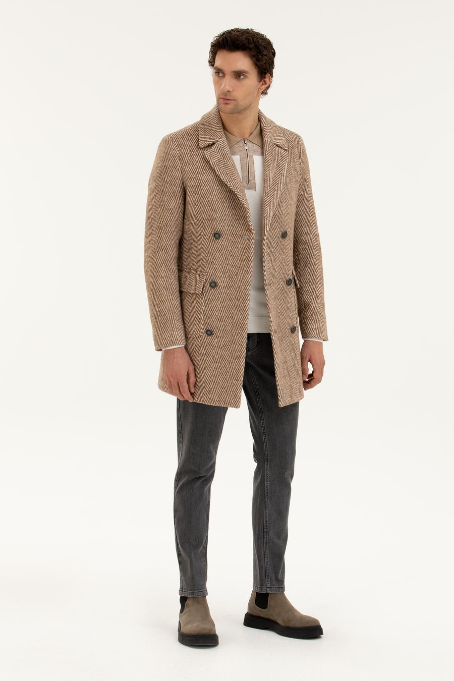 Kahverengi Balık Sırt Slim Fit Yün Karışımlı Kaşe Kaban - 50278555006