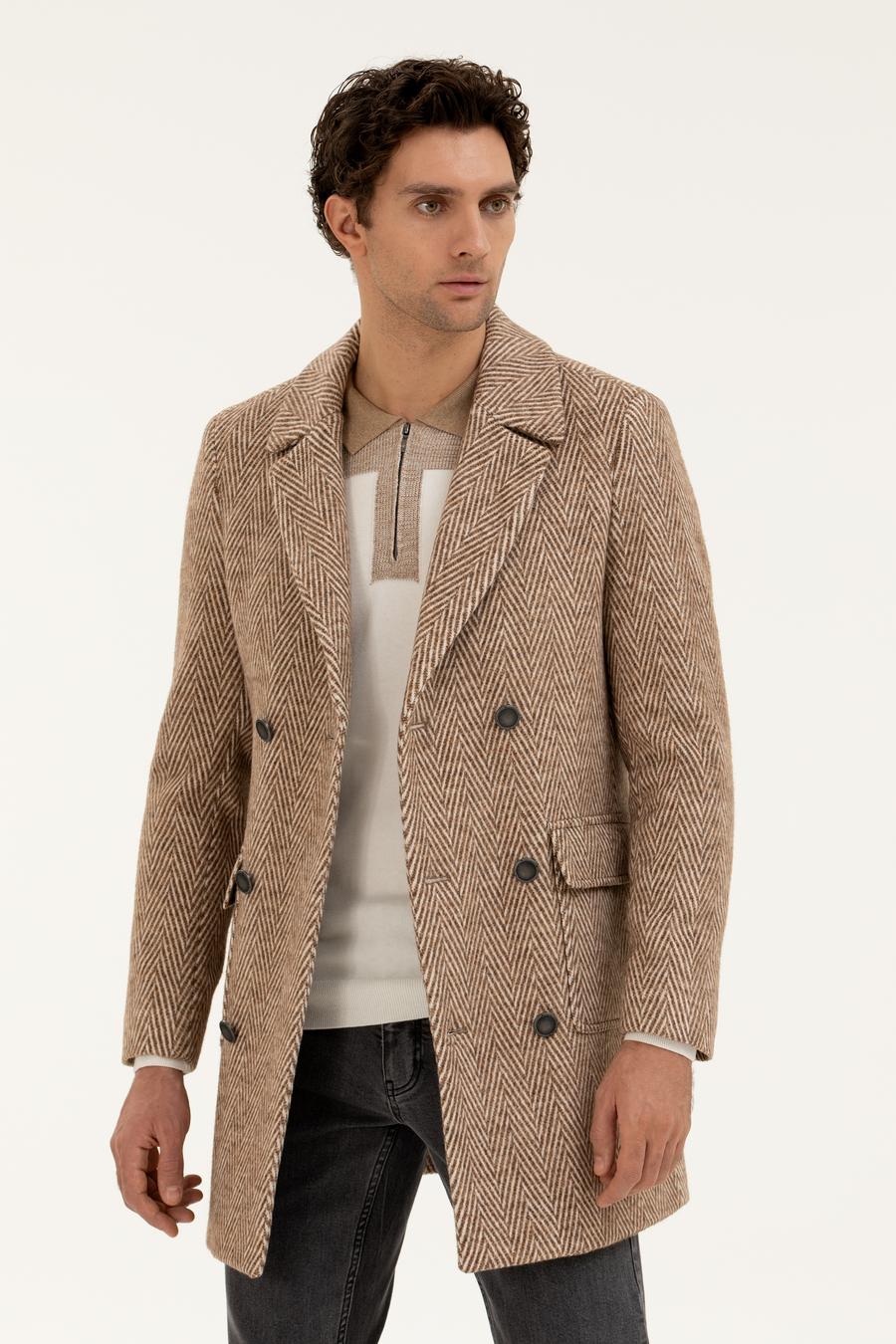 Kahverengi Balık Sırt Slim Fit Yün Karışımlı Kaşe Kaban - 50278555006
