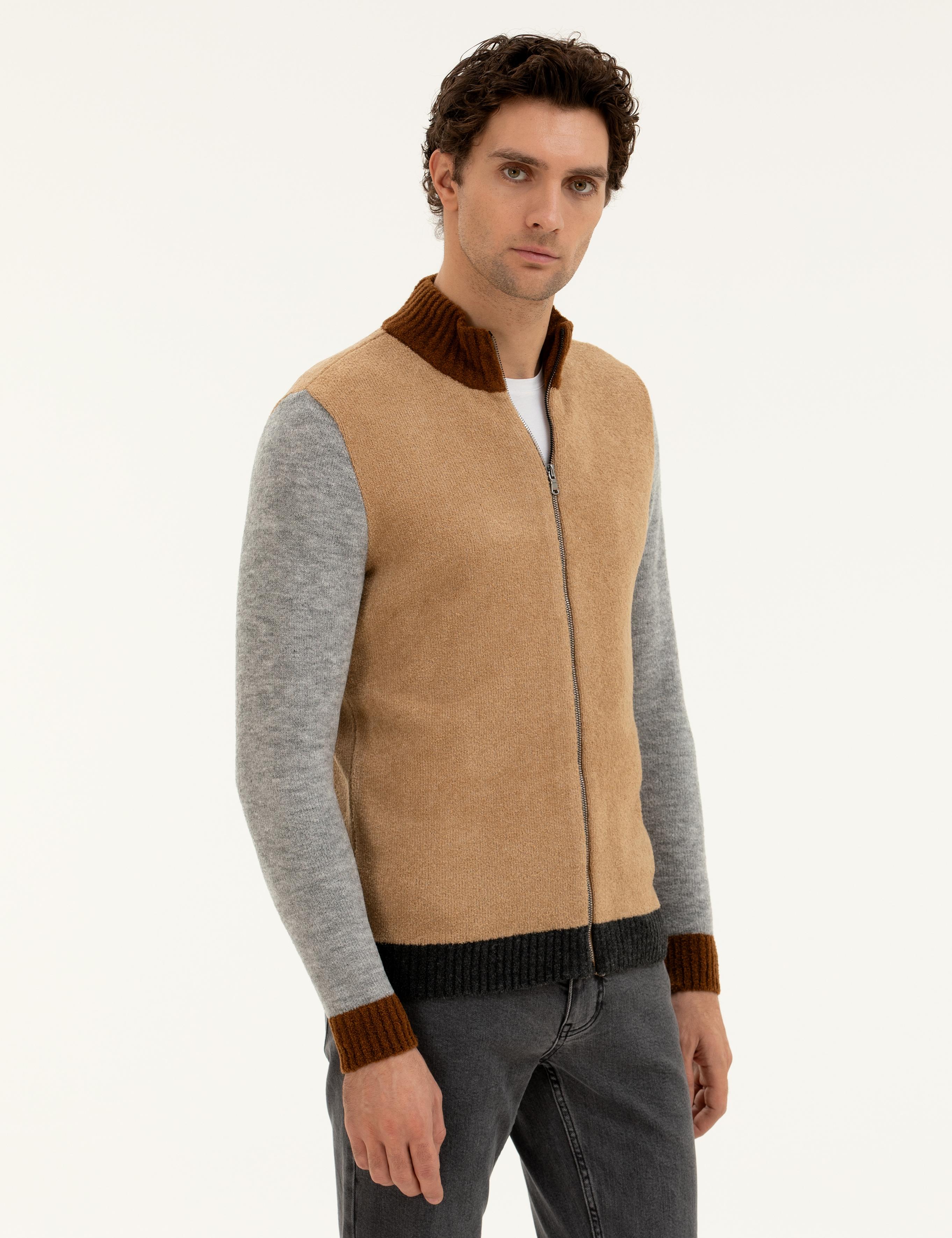Camel Regular Fit Tam Fermuarlı Triko Hırka - 50277074037